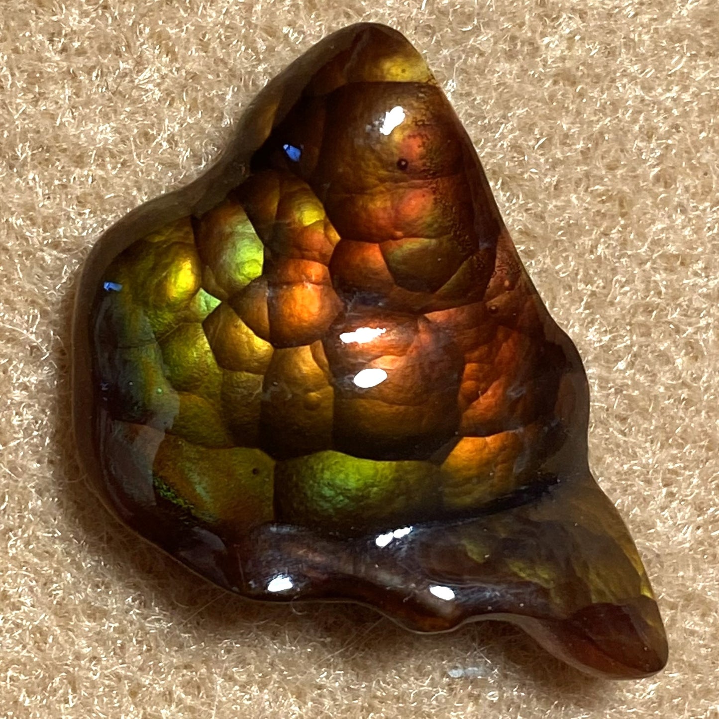 Multicolored Deer Creek Fire Agate Gemstone on a beige background