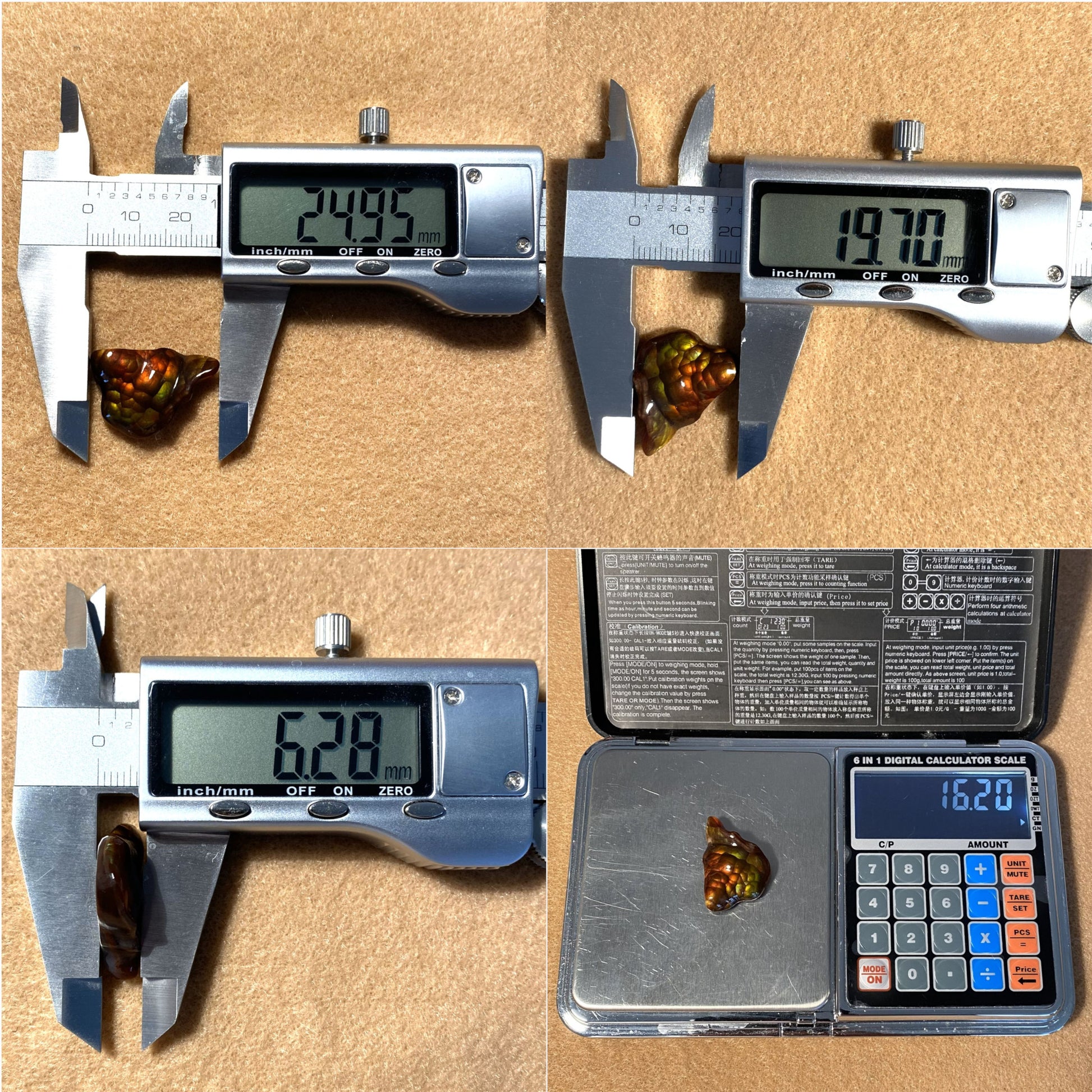 Deer Creek Fire Agate Gemstone being measured with digital calipers and a calculator on a tan surface.