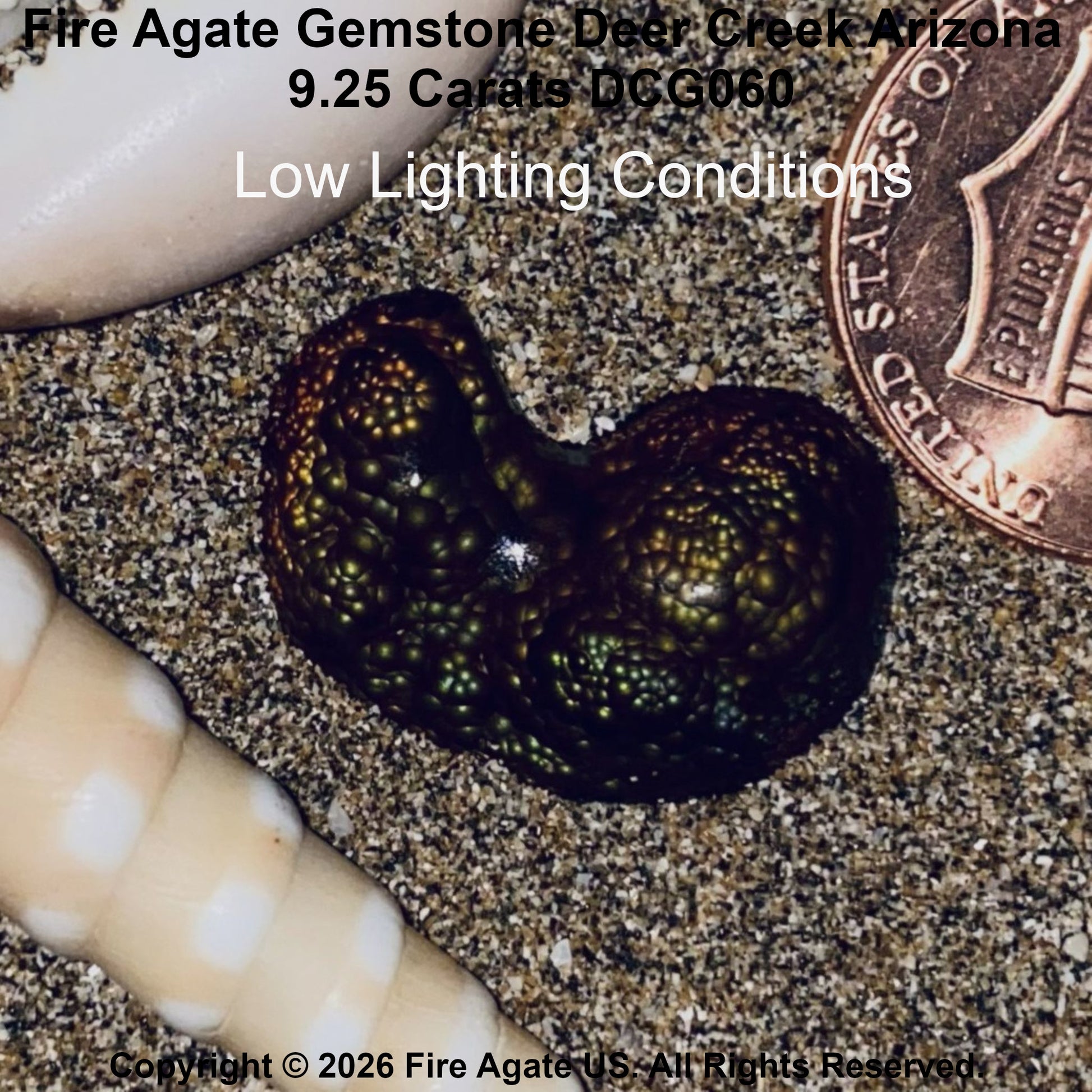 A close-up of a dark, heart-shaped agate gemstone with iridescent green and gold flecks, placed on sand next to a US penny for scale and a white shell. Text overlays identify the stone as Fire Agate Gemstone from Deer Creek Arizona.