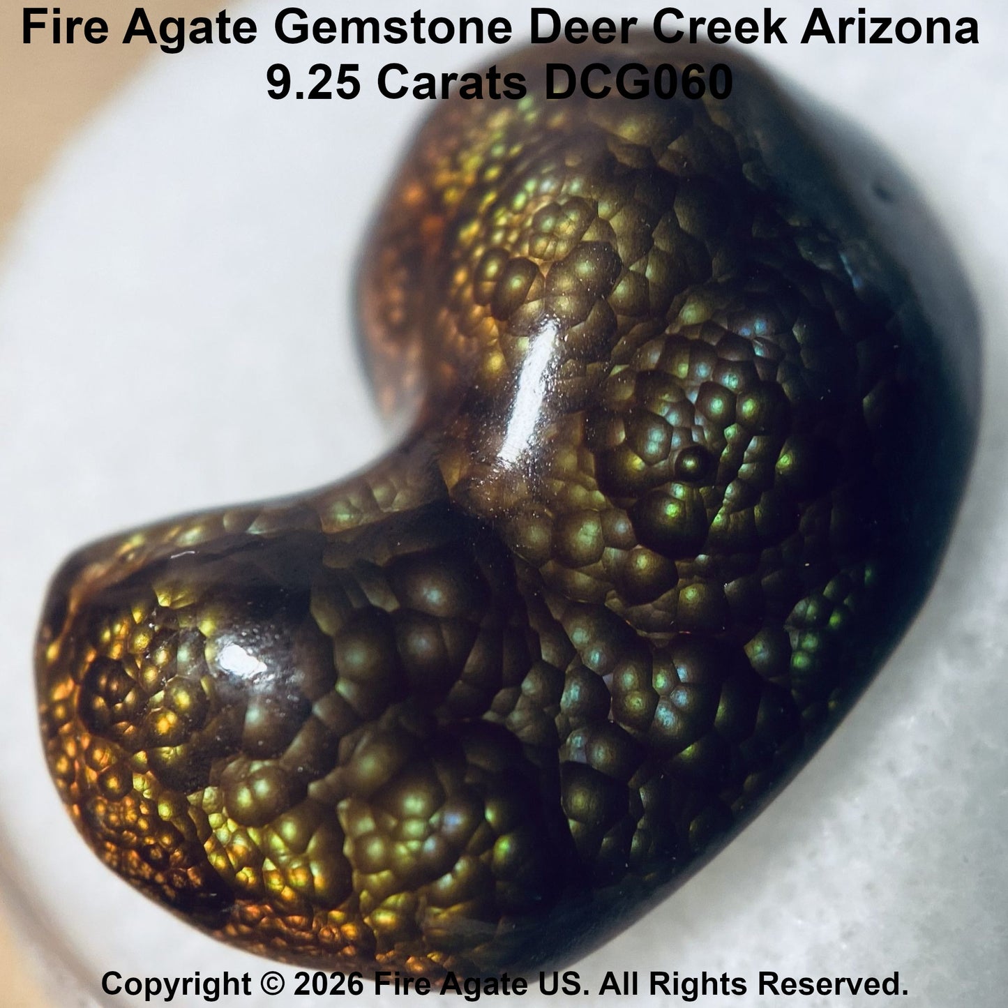 A close-up of a polished fire agate gemstone with a kidney-shaped form, showing a bubbly, textured surface with iridescent green and gold reflections on a light background. Text overlays identify the stone as from Deer Creek Arizona.