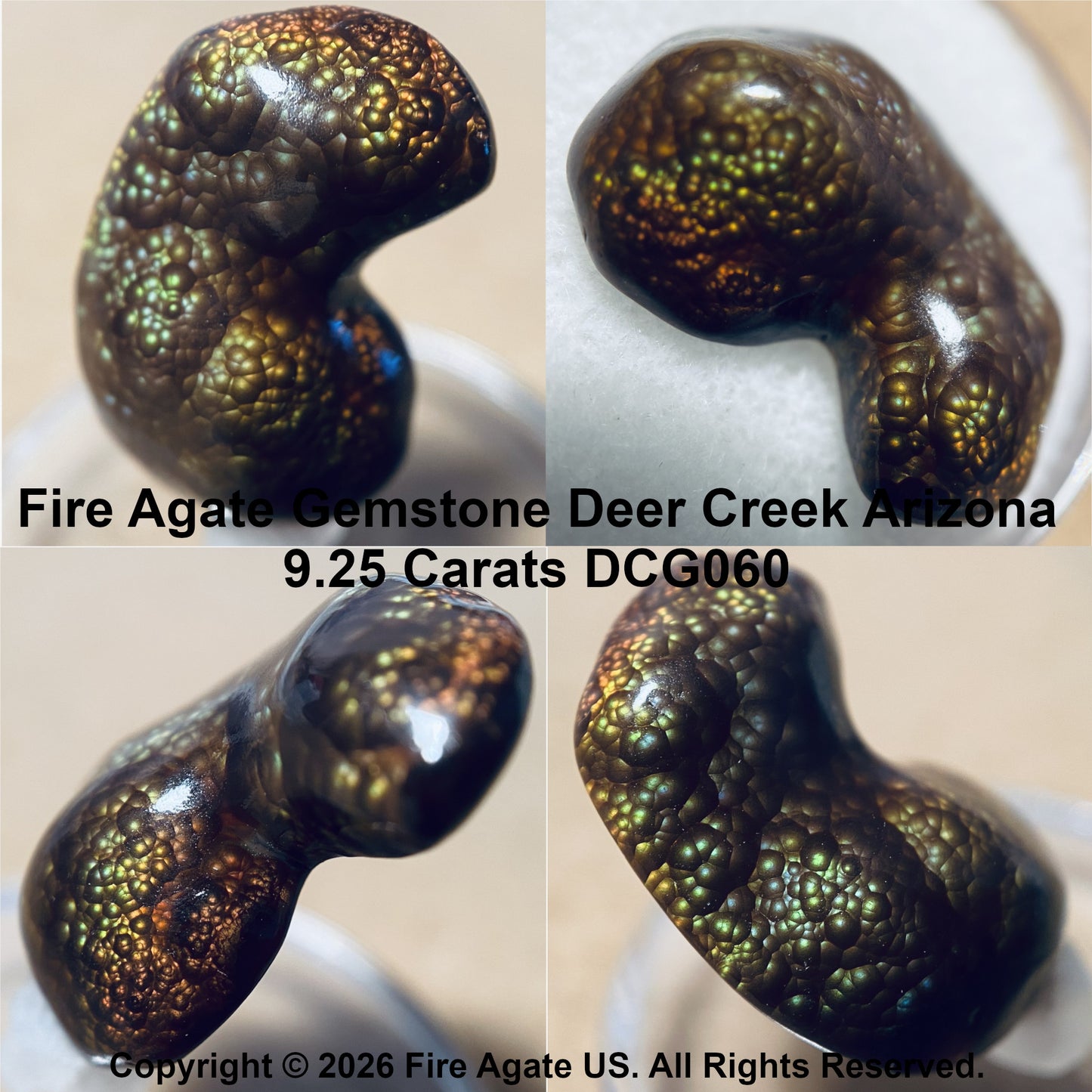 Four angled views of a 9.25 carat Fire Agate gemstone with a curved shape, showcasing its brown base and vibrant iridescent green, gold, and blue flashes.