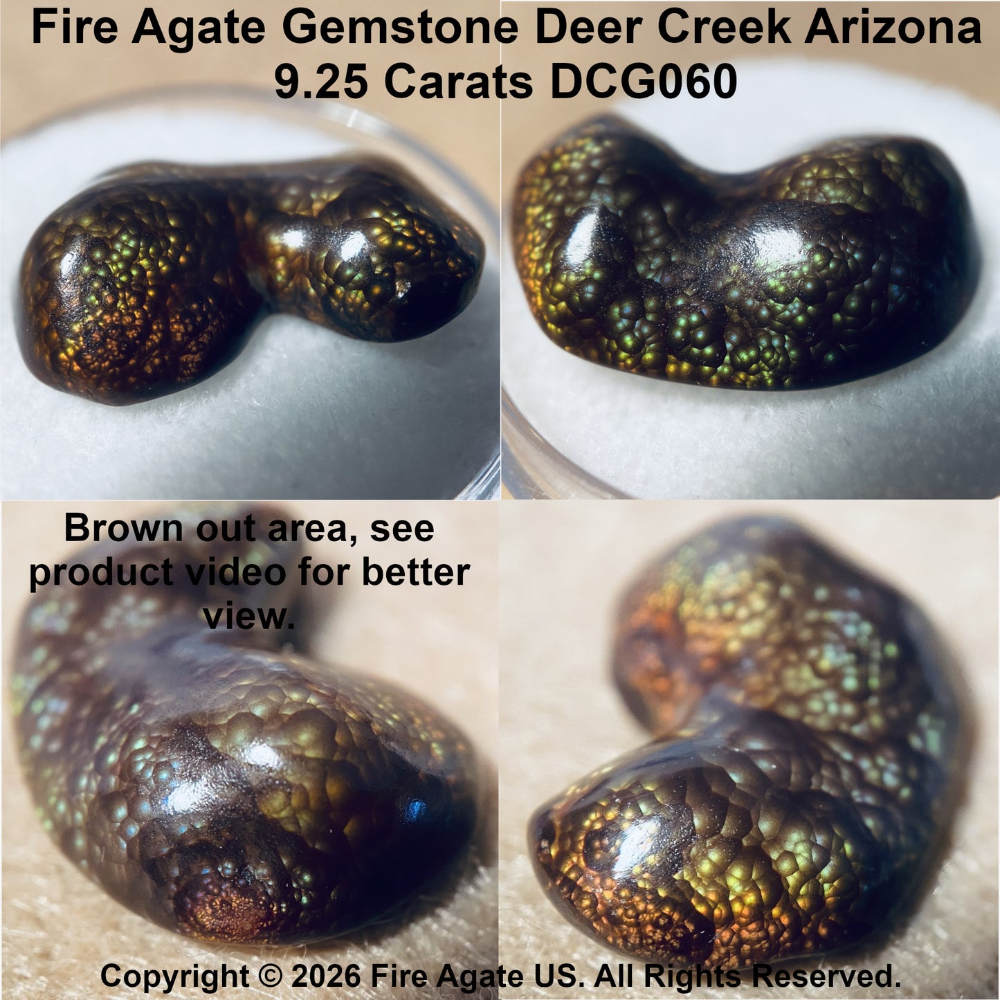 Four-panel product photo of a polished fire agate gemstone labeled 'Fire Agate Gemstone Deer Creek Arizona 9.25 Carats DCG060.