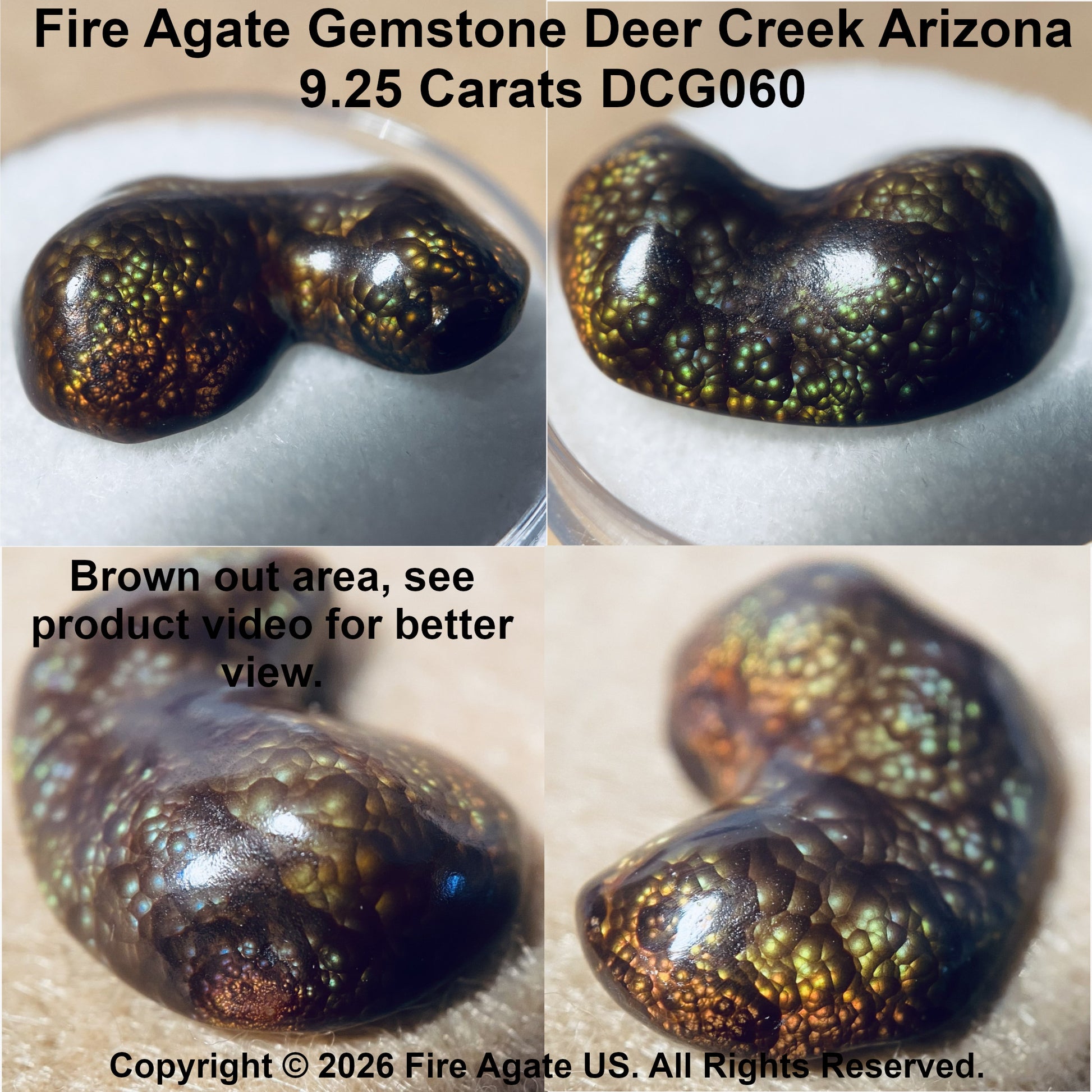 Four-panel product photo of a polished fire agate gemstone labeled 'Fire Agate Gemstone Deer Creek Arizona 9.25 Carats DCG060.