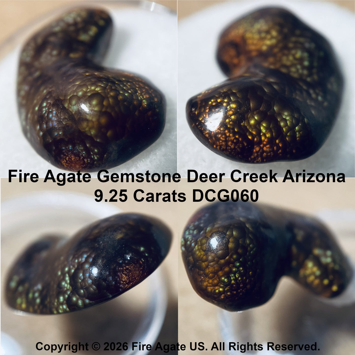 Four-view collage of a Fire Agate gemstone with a dark brown to black base and iridescent golden-green flashes, labeled 'Fire Agate Gemstone Deer Creek Arizona 9.25 Carats DCG060'.