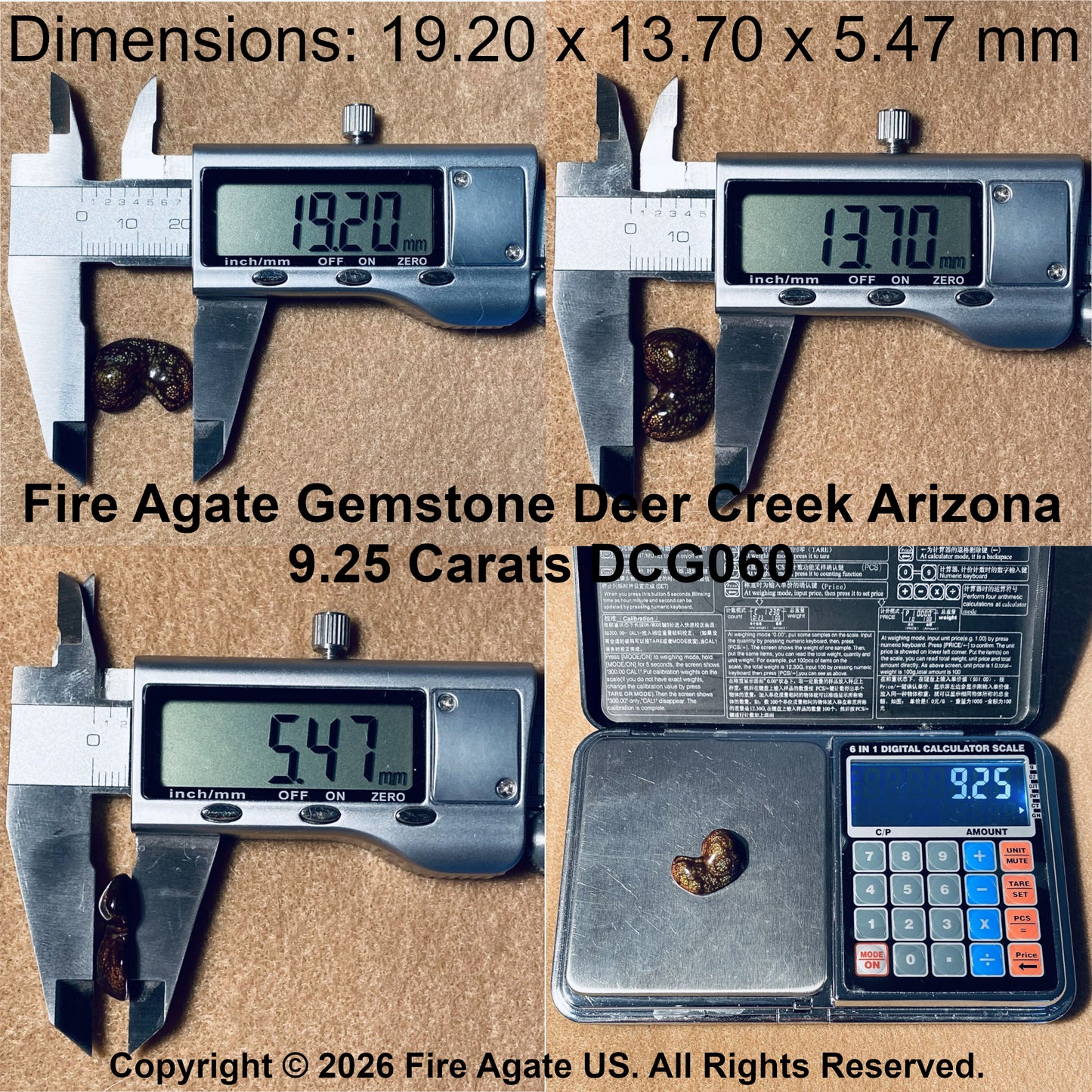 Four-panel product photo showing a fire agate gemstone with digital calipers and a scale, along with measurement text reading 19.20 x 13.70 x 5.47 mm.