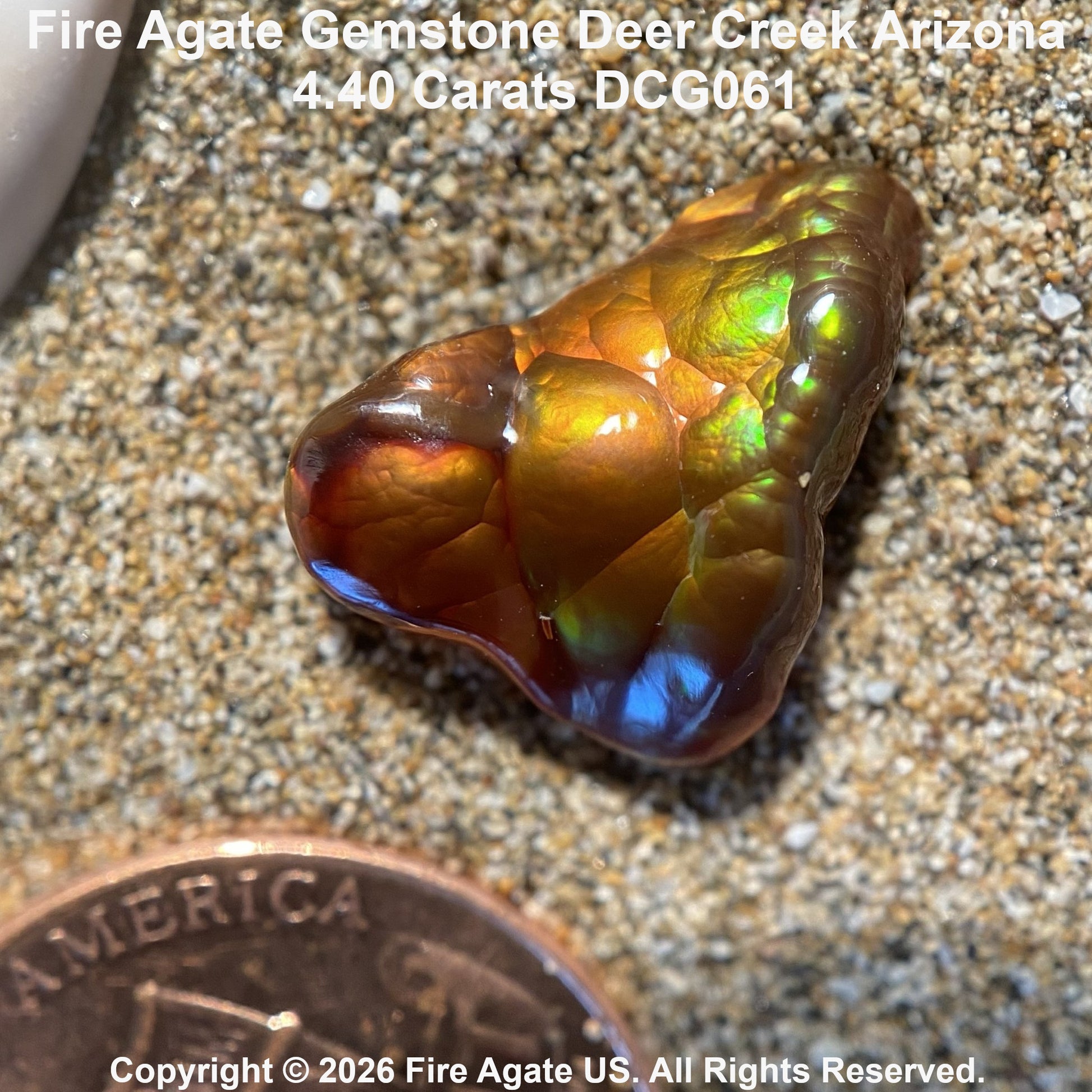 A 4.40 carat Fire Agate gemstone with a lobed, bubbled texture, displaying a vibrant iridescent color shift between gold, green, and reddish-brown.