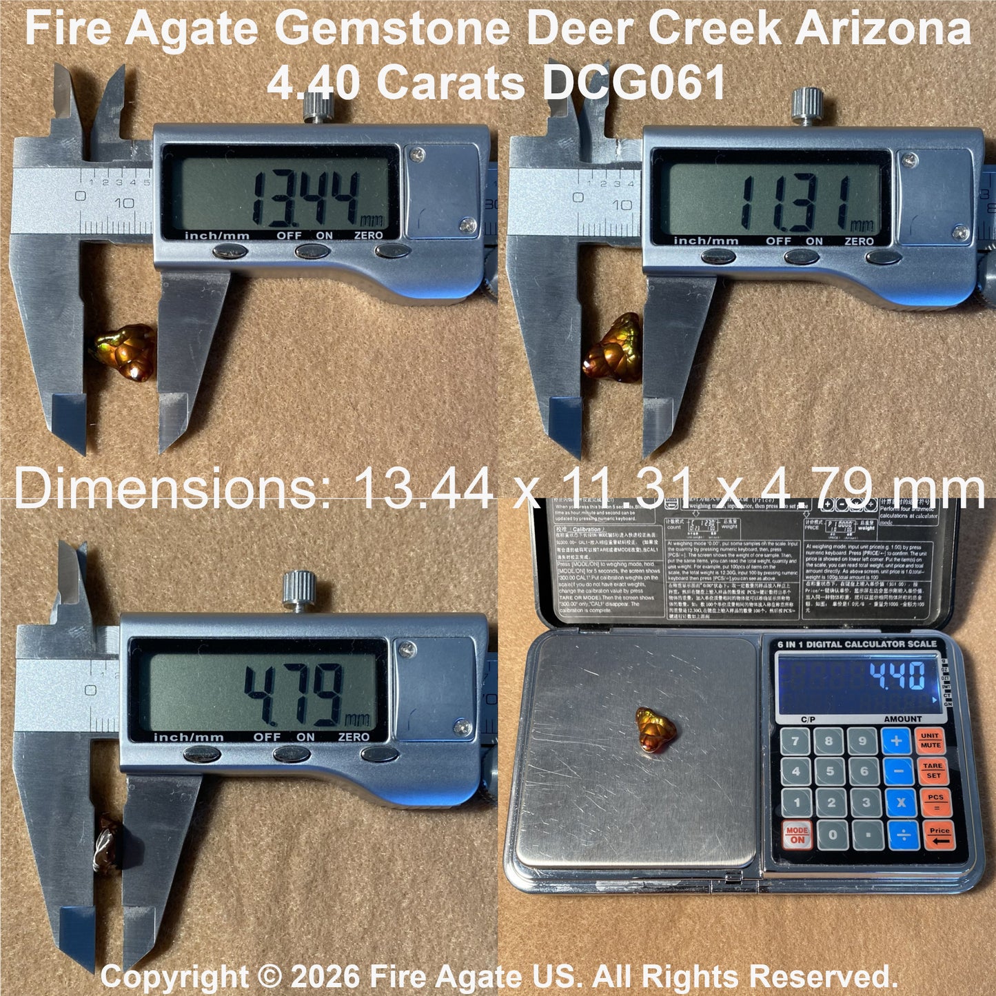 Four-corner product photo showing a 4.40 carat Fire Agate gemstone with calipers and a digital scale, labeled with dimensions and product ID text on a tan background.