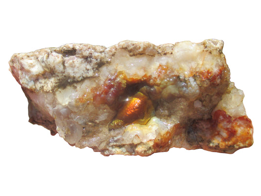 Deer Creek Fire Agate Gemstone Mineral Specimen with visible crystals on a white background