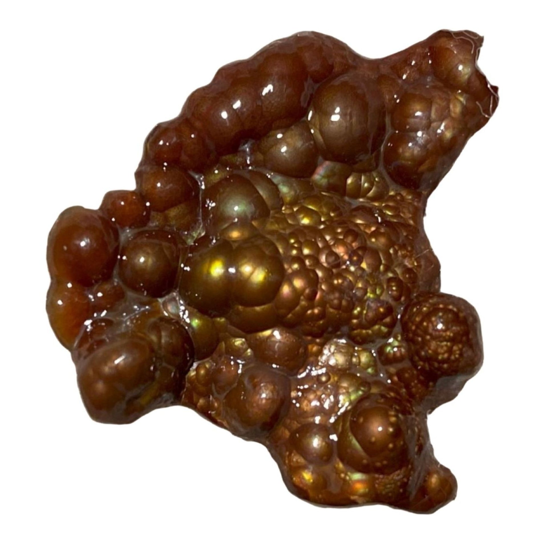 Close up of Deer Creek Fire Agate Mineral Specimen on a textured white background