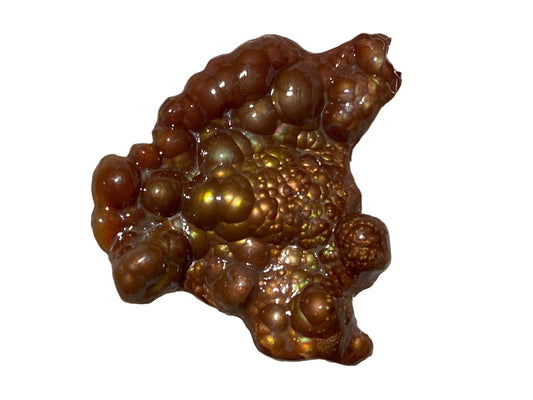 Close-up of a Deer Creek Fire Agate Gemstone Mineral Specimen on a textured white background