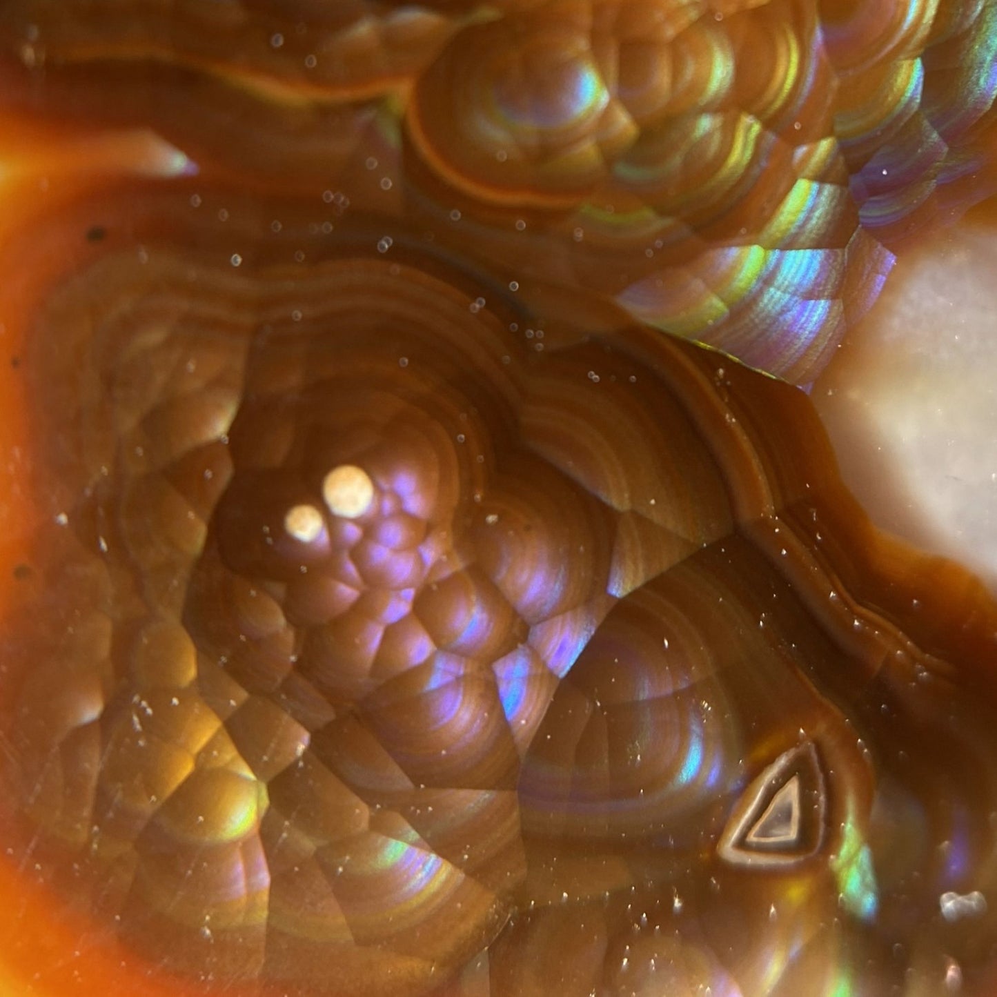 Close-up of a colorful, iridescent fire agate gemstone specimen with intricate patterns.