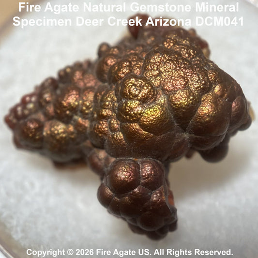 A close-up of a textured fire agate gemstone specimen with metallic copper-brown and gold luster, shown on a light background with text overlays reading 'Fire Agate Natural Gemstone Mineral Specimen Deer Creek Arizona DCM041' and copyright info for Fire Agate US.