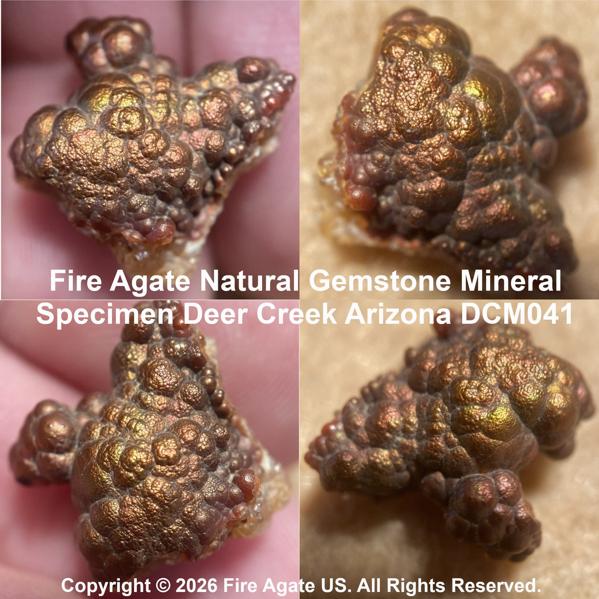 Four close-up views of a textured, bumpy fire agate natural gemstone mineral specimen with metallic copper, bronze, and gold luster, arranged in a collage with text identifying it as a Deer Creek Arizona specimen.