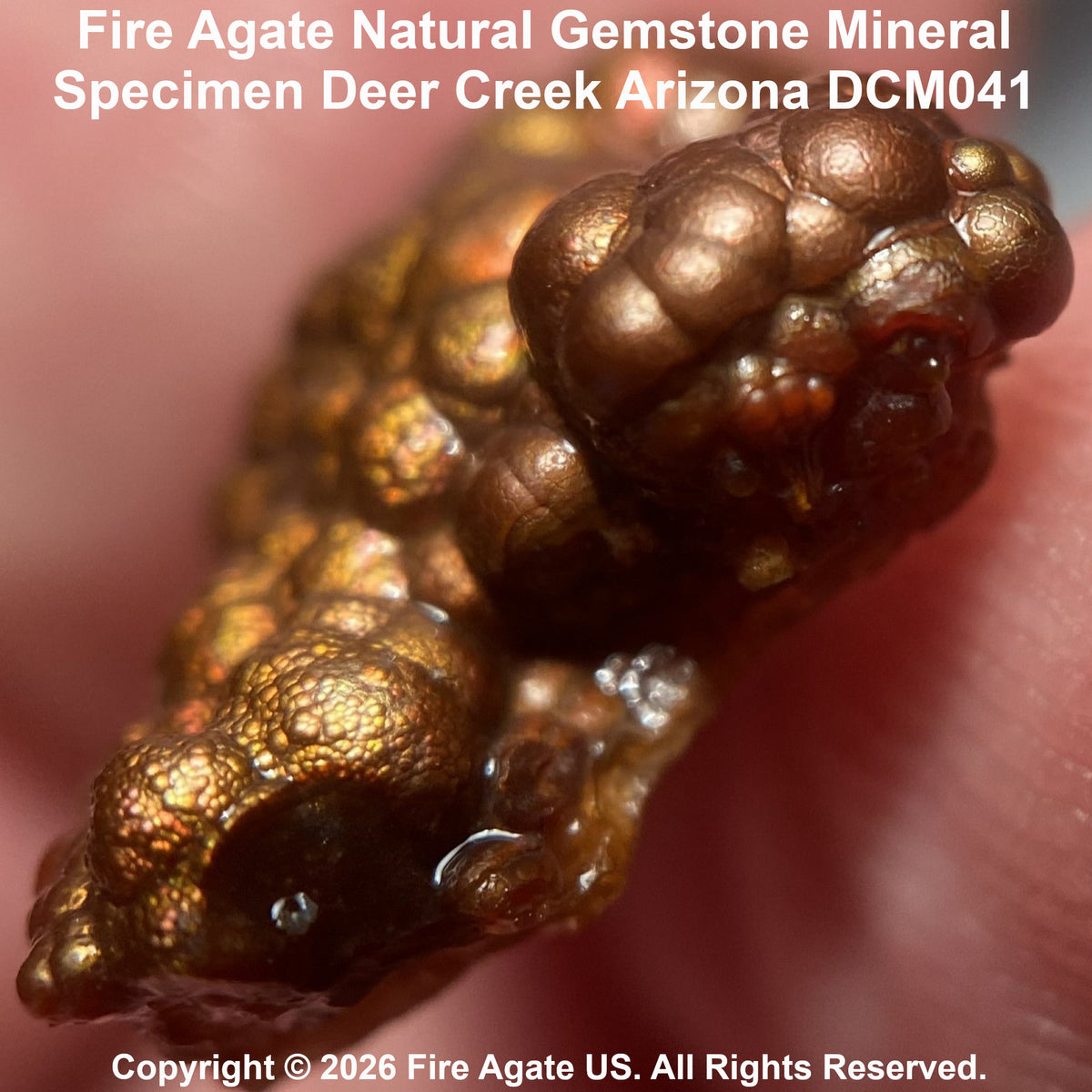 Close-up of a metallic copper-brown fire agate gemstone mineral specimen held against a blurred pinkish background, with text reading 'Fire Agate Natural Gemstone Mineral Specimen Deer Creek Arizona DCM041' and a copyright notice for Fire Agate US.