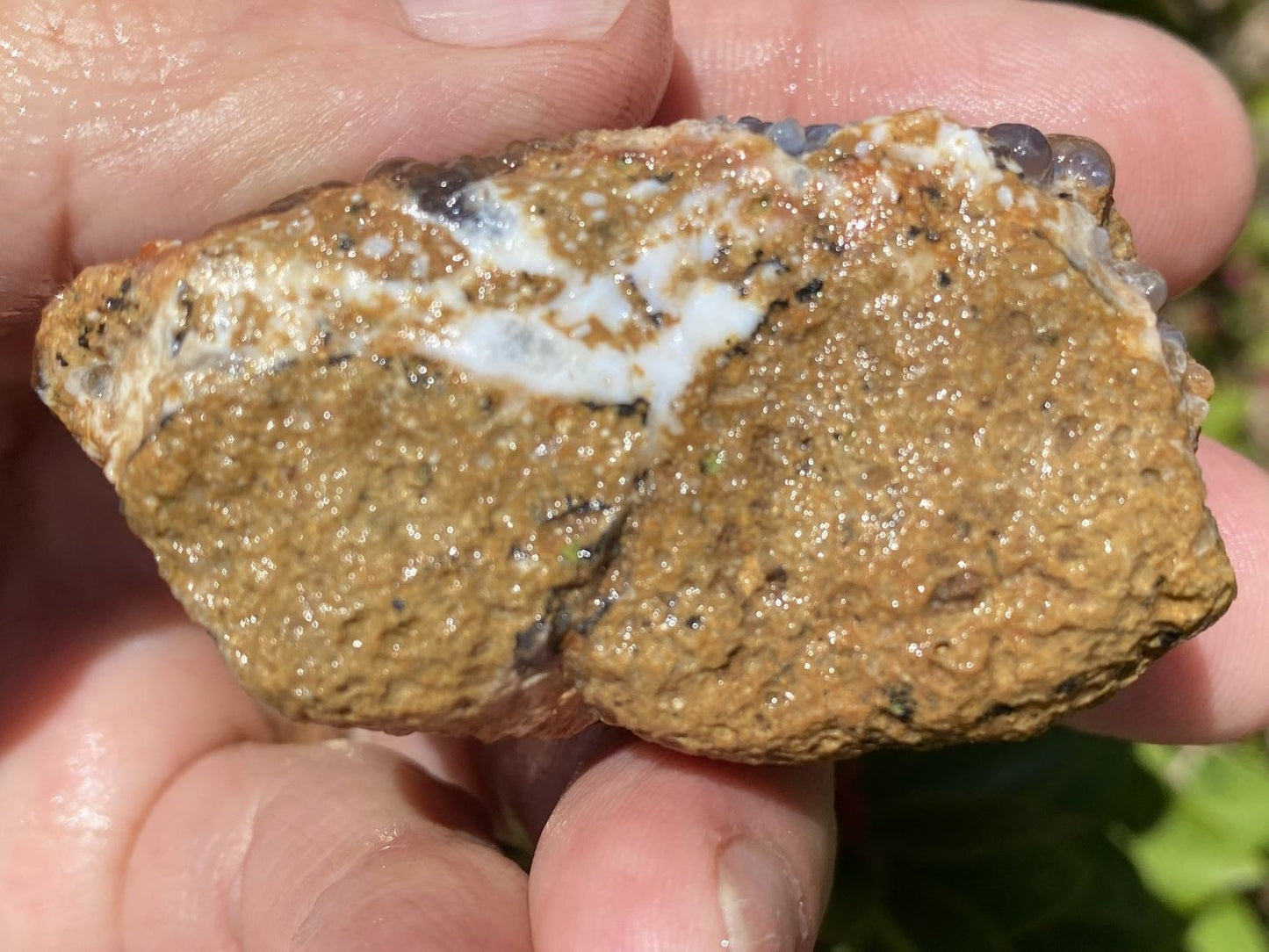 Hand holding a rough textured Deer Creek Arizona rock with visible minerals
