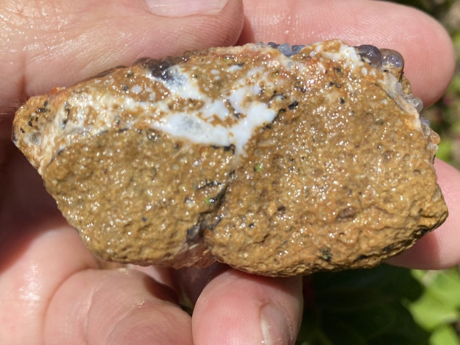 Hand holding a rough textured Deer Creek Arizona rock with visible minerals