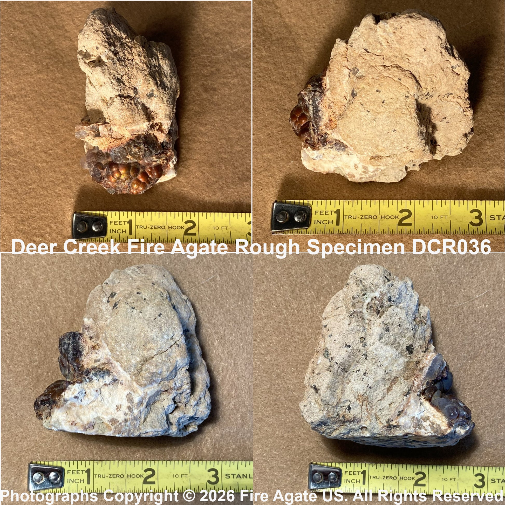 Four views of a rough fire agate specimen on a brown background with a yellow tape measure underneath. The specimen shows natural color variations from tan and beige to gray, white, and dark brown.
