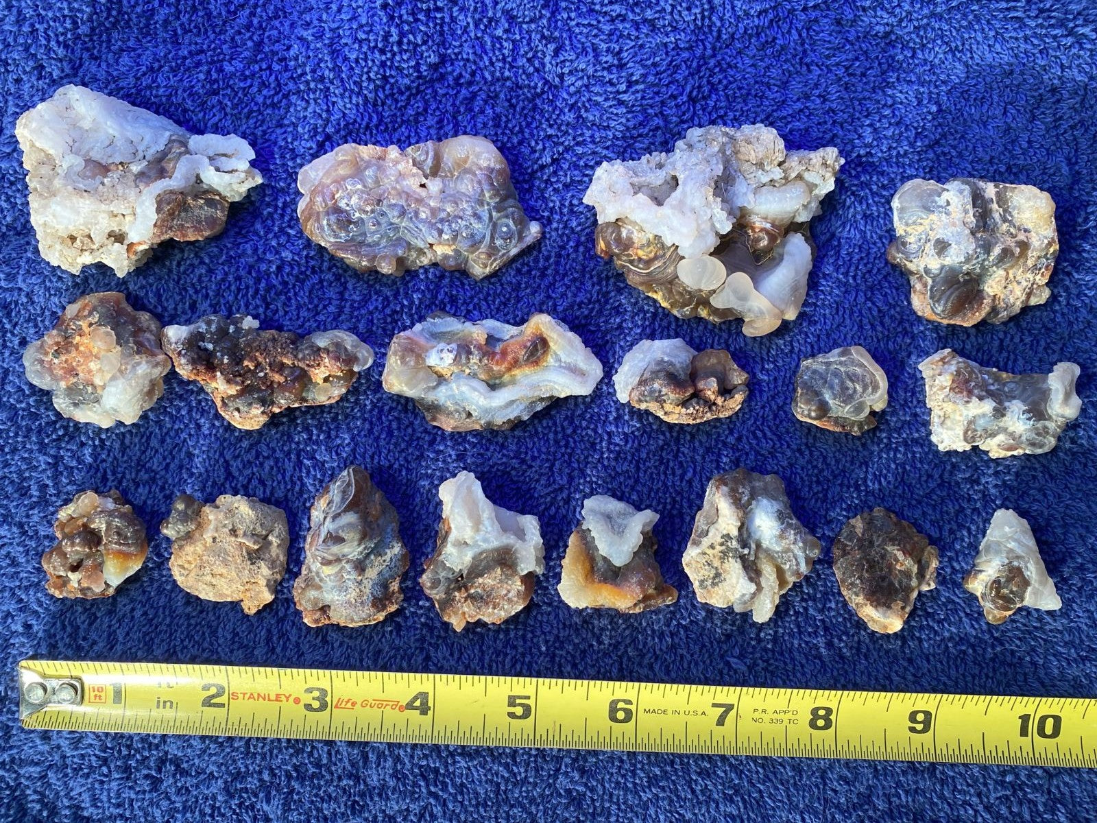 Collection of various sized Deer Creek Fire Agate Rough and minerals on a blue textured surface with a measuring tape for scale.