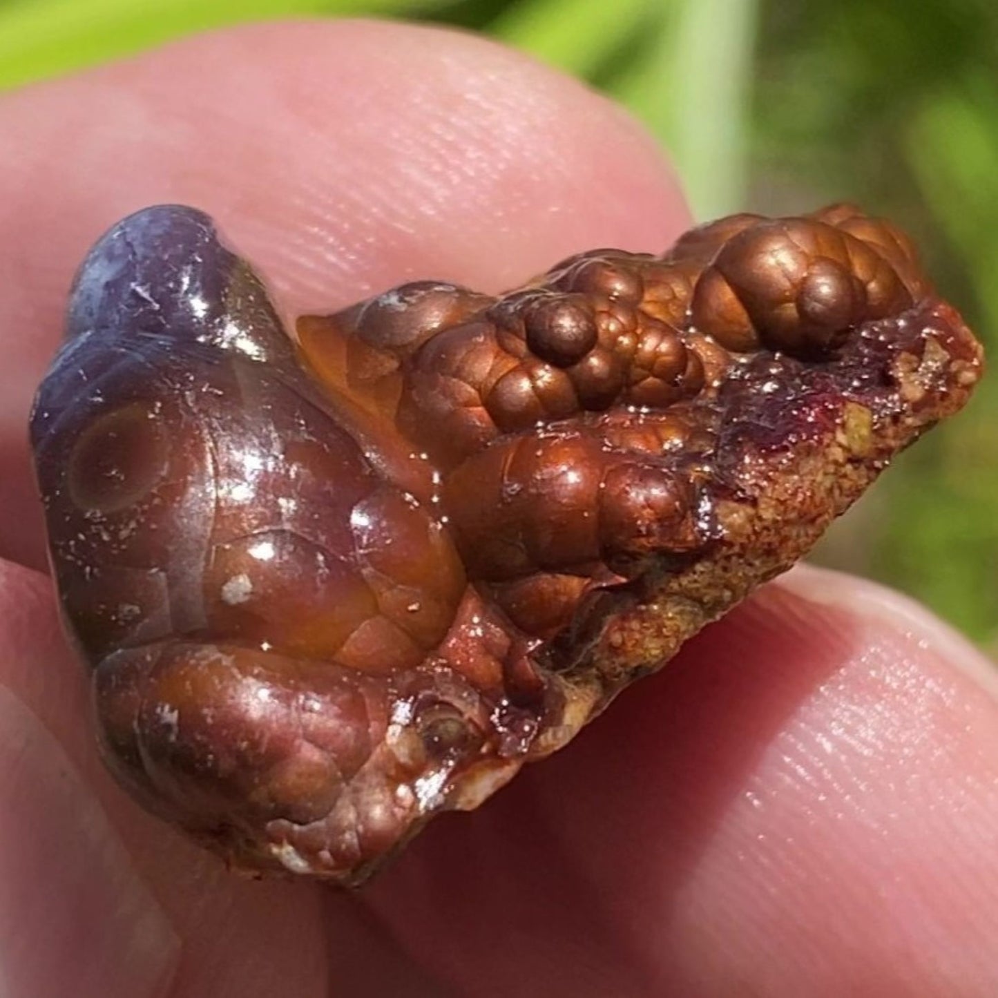 Close-up of a brownish-red Deer Creek fire agate stone held between fingers with a blurred green background