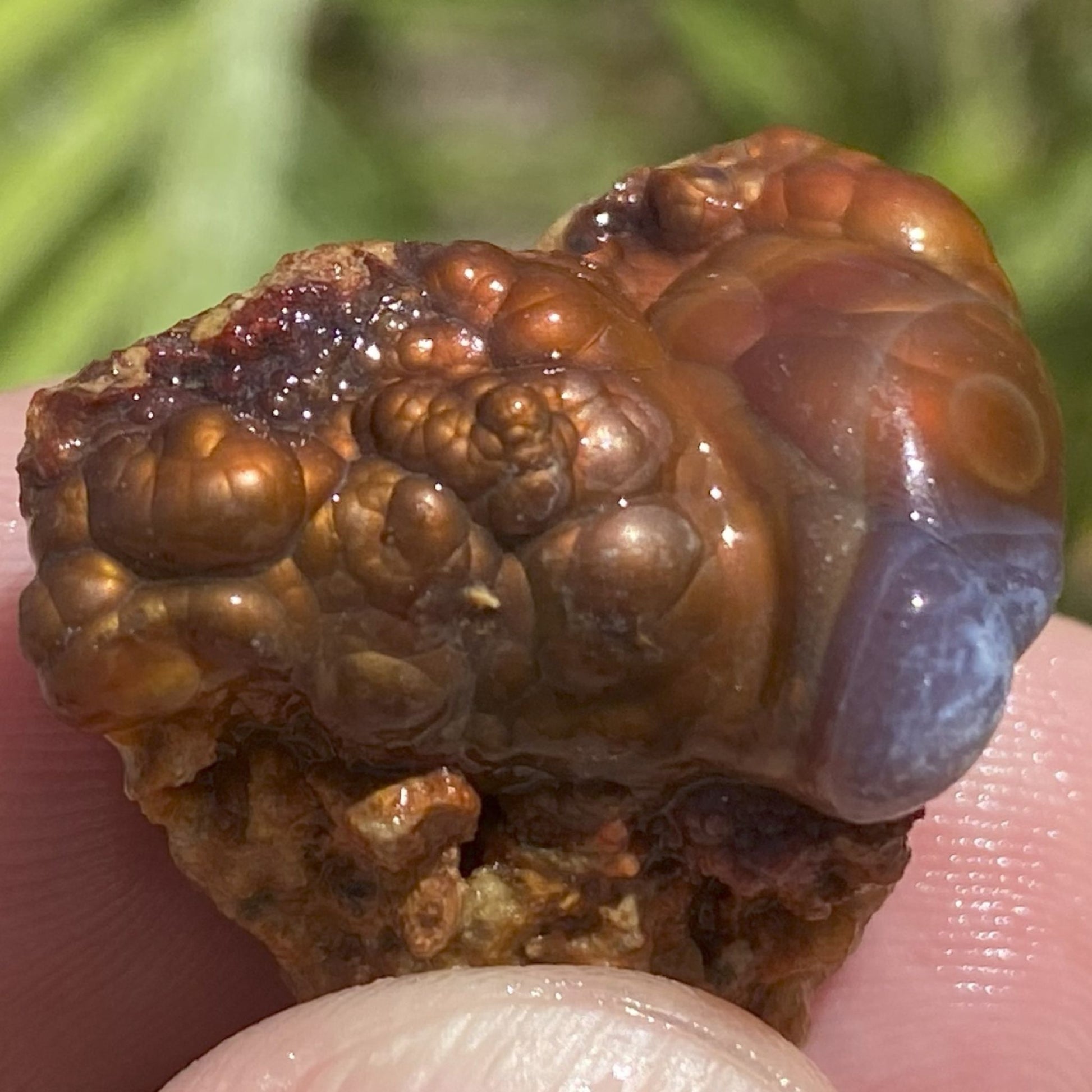 Close-up of a uncut Deer Creek fire agate stone held between fingers with a blurred green background