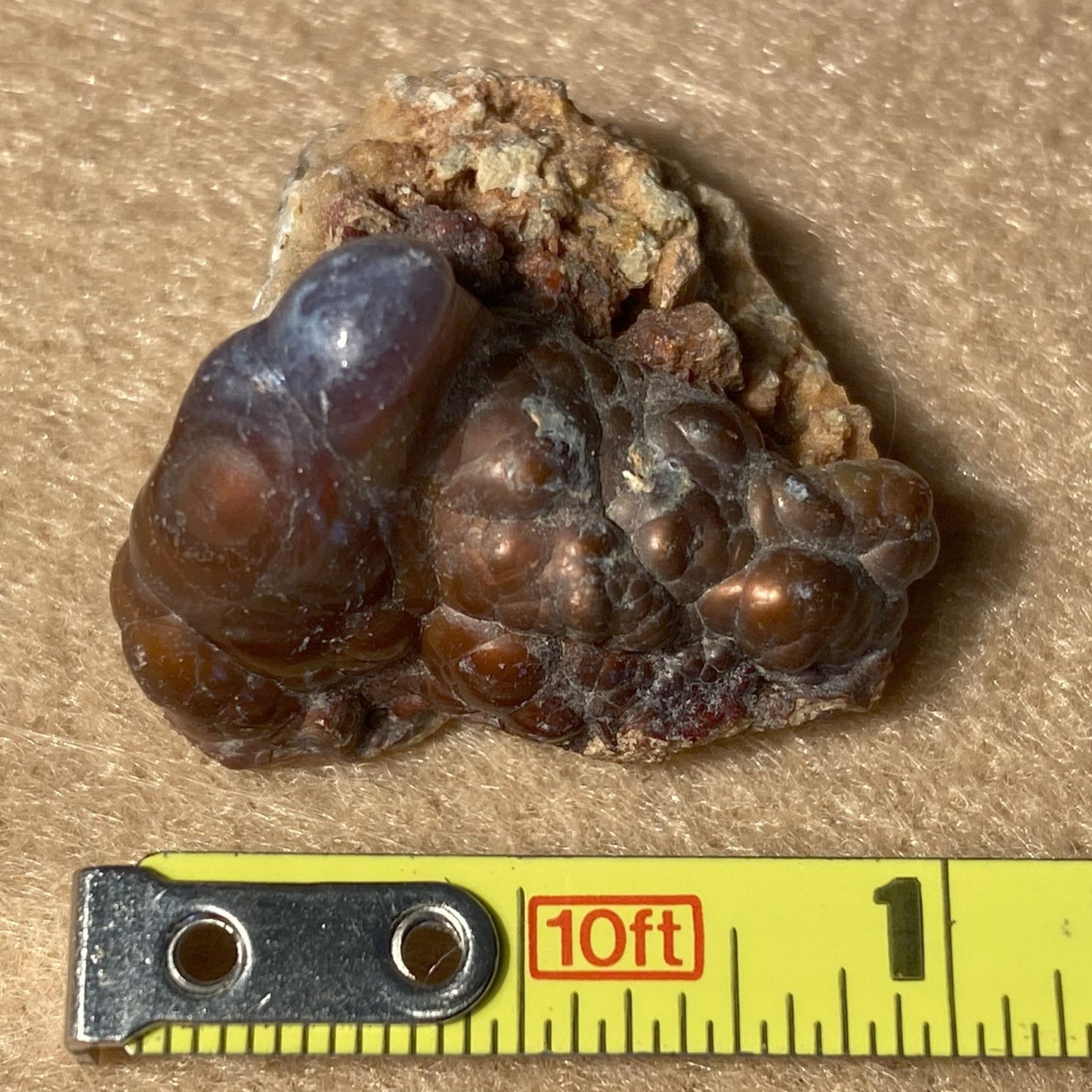 Mineral sample with a ruler for scale on a brown background