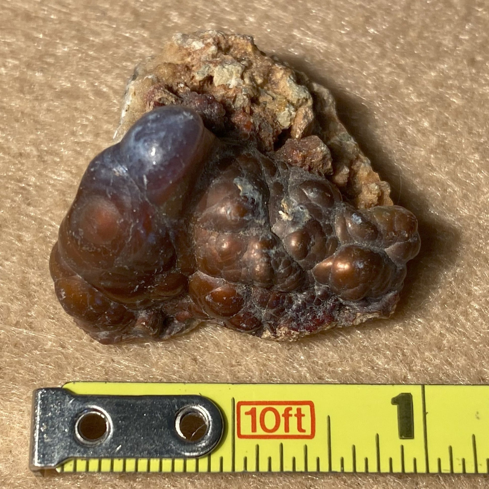 Mineral sample with a ruler for scale on a brown background