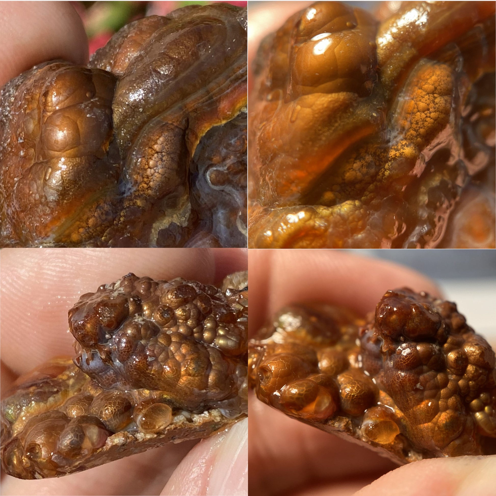Close-up of Deer Creek fire agate rough  with textured surfaces held in a hand, shown from multiple angles.