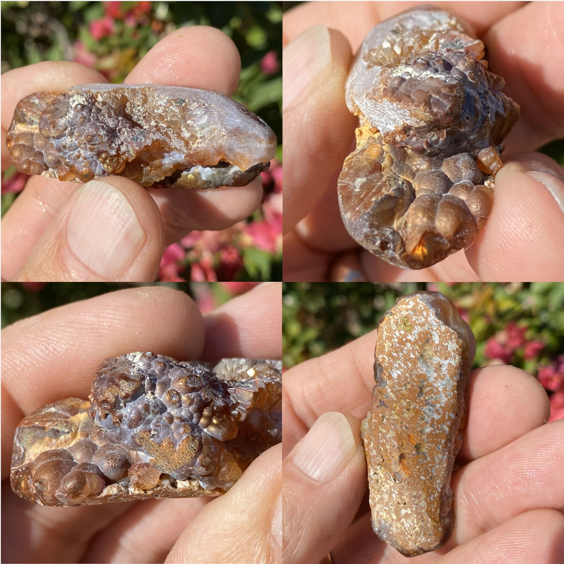 Collage of four images showing a piece of Deer Creek fire agate rough with a blurred natural background.