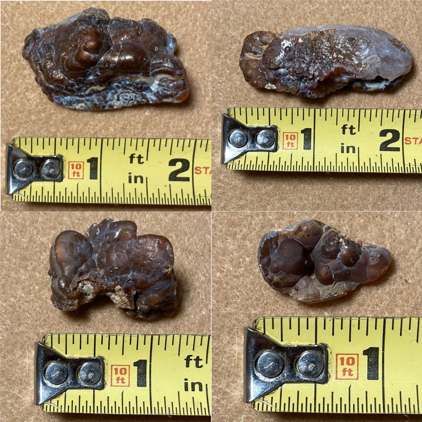 Four views of a piece of Deer Creek fire agate rough with a measuring tape for scale on a brown background