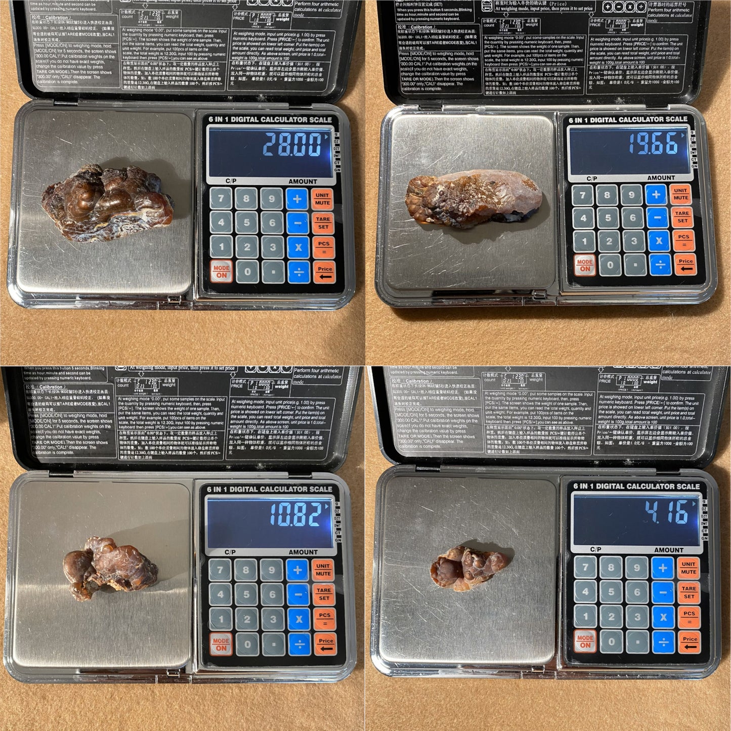 Digital pocket scale measuring a rock with displayed weight on a wooden surface.