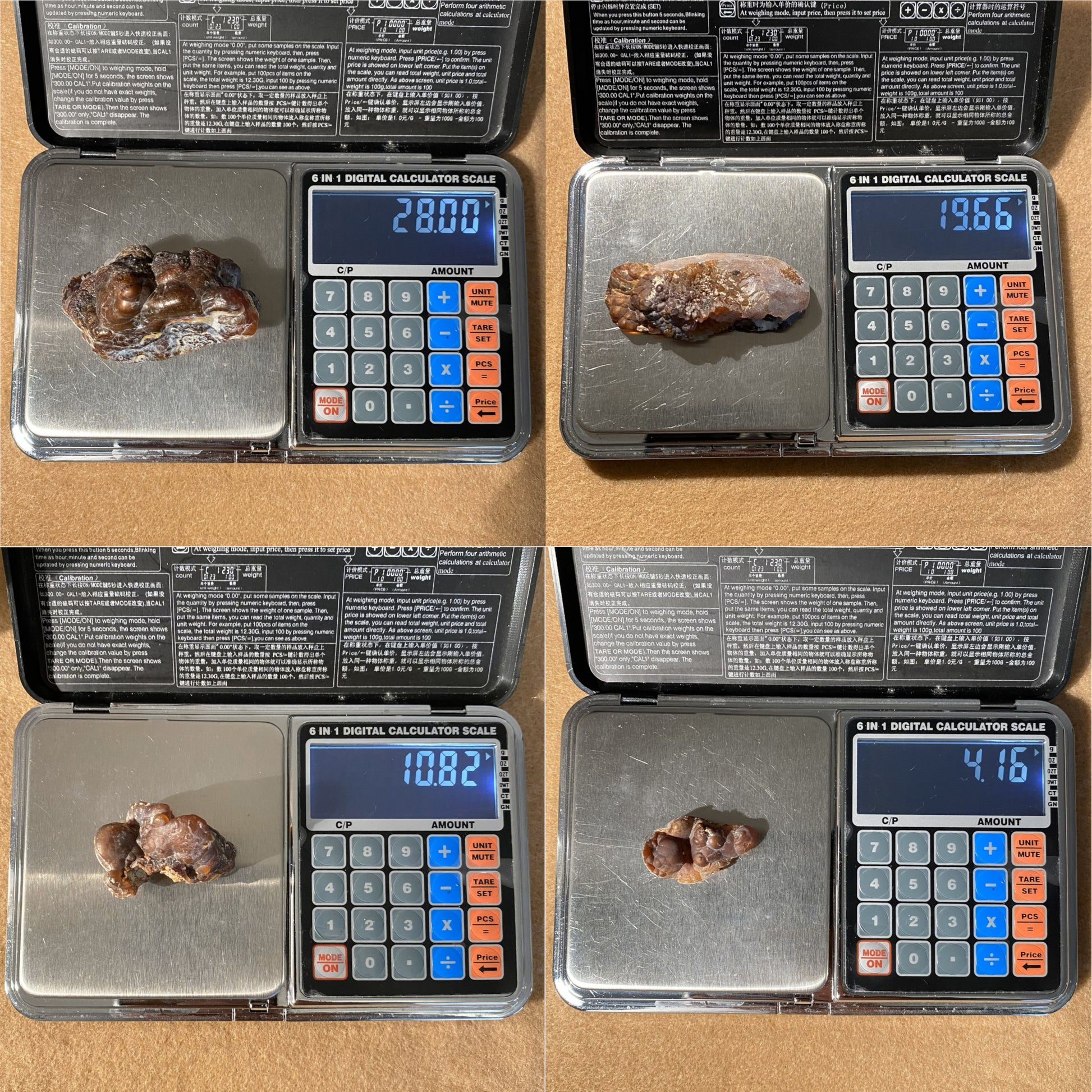 Digital pocket scale measuring a rock with displayed weight on a wooden surface.
