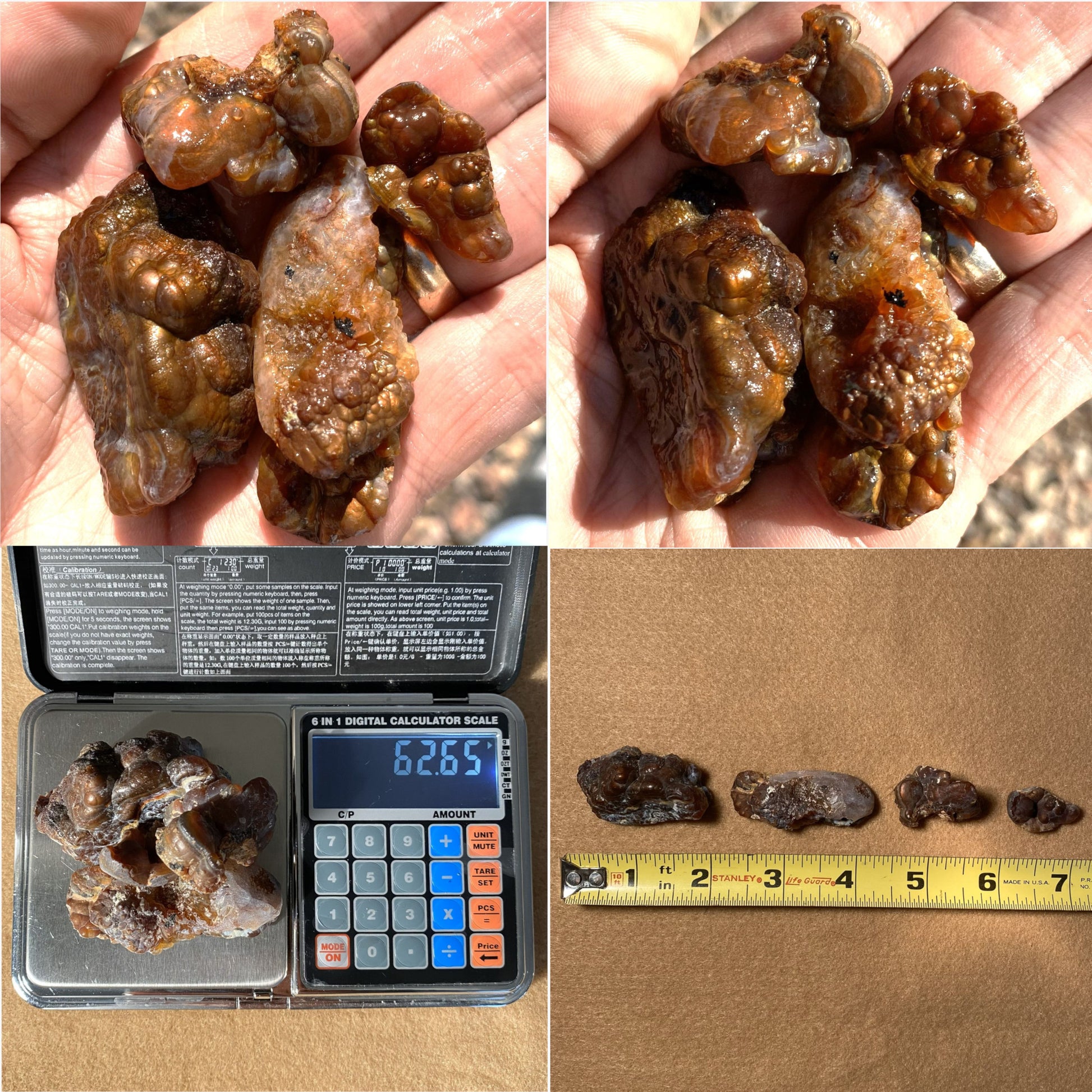 Collage of brown fire agate stones held in hands, weighed on a digital calculator, and measured with a ruler.