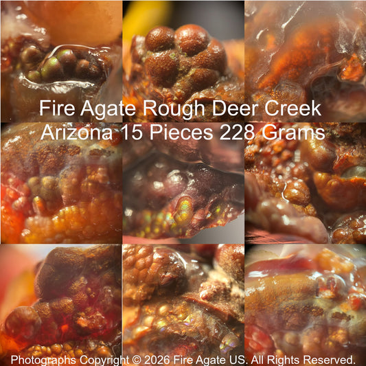 Collage of micro photography of fire agate rough gemstones with text indicating origin and weight.