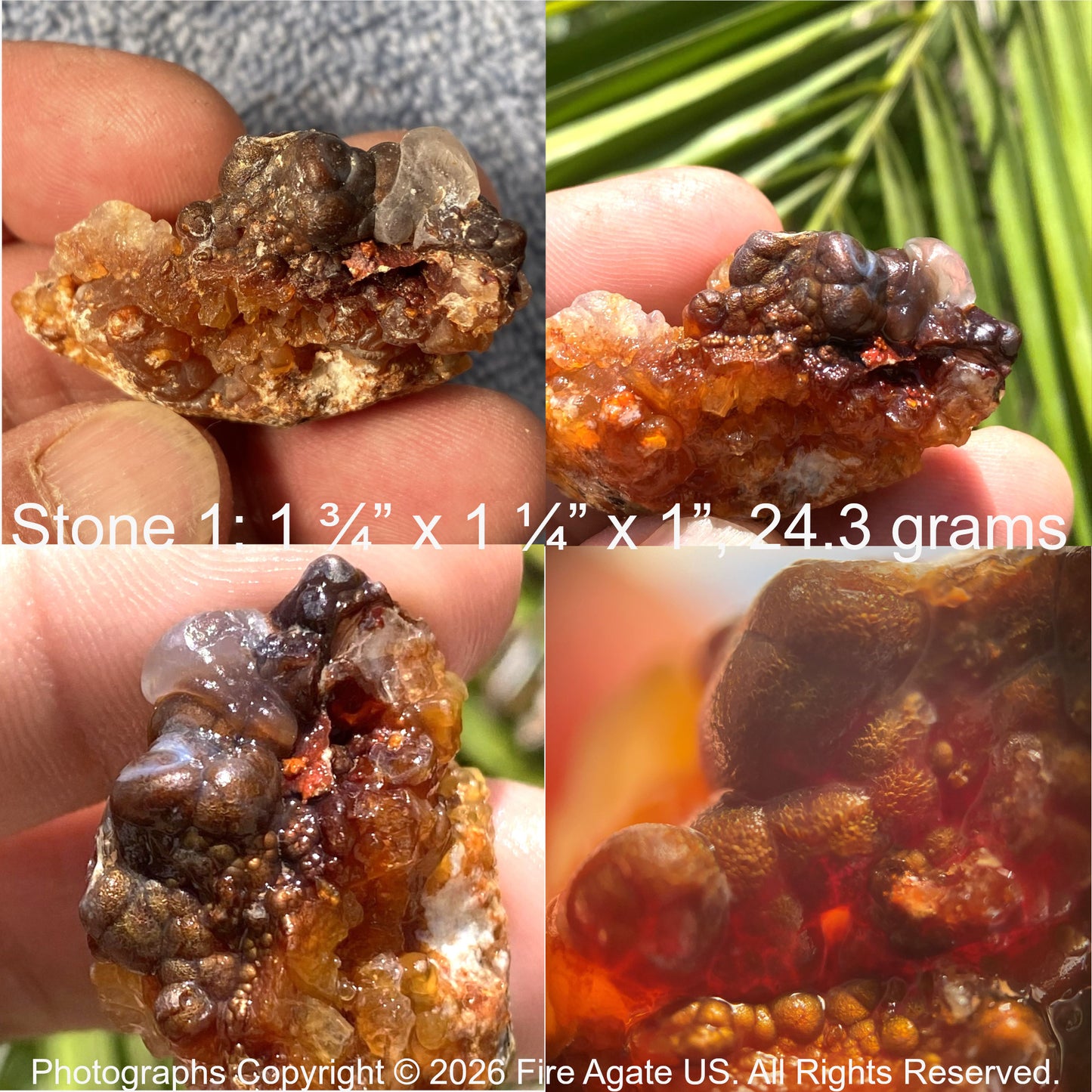 Fire Agate stone held in hand with measurements and copyright notice.