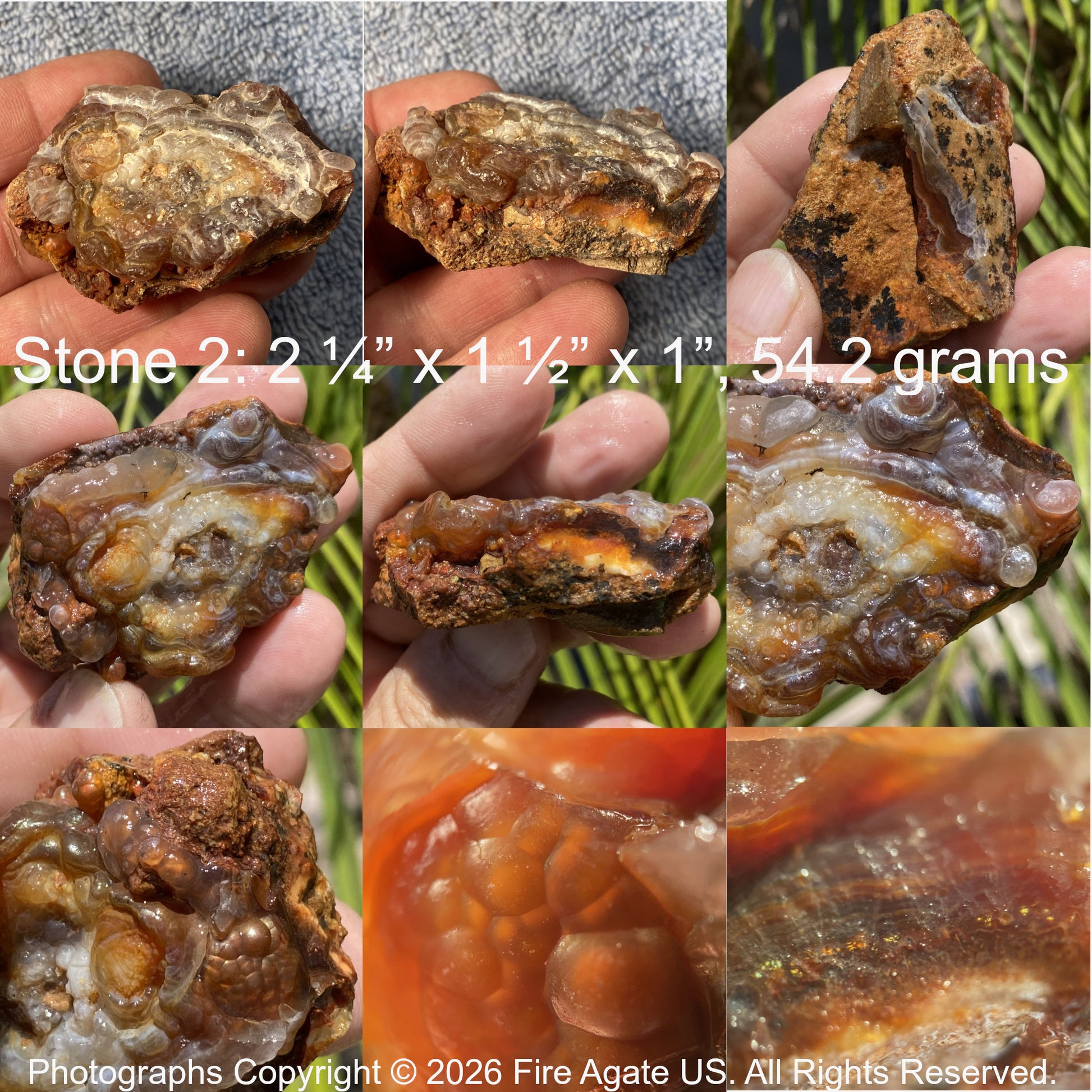 Collage of Deer Creek fire agate with measurements and copyright information.