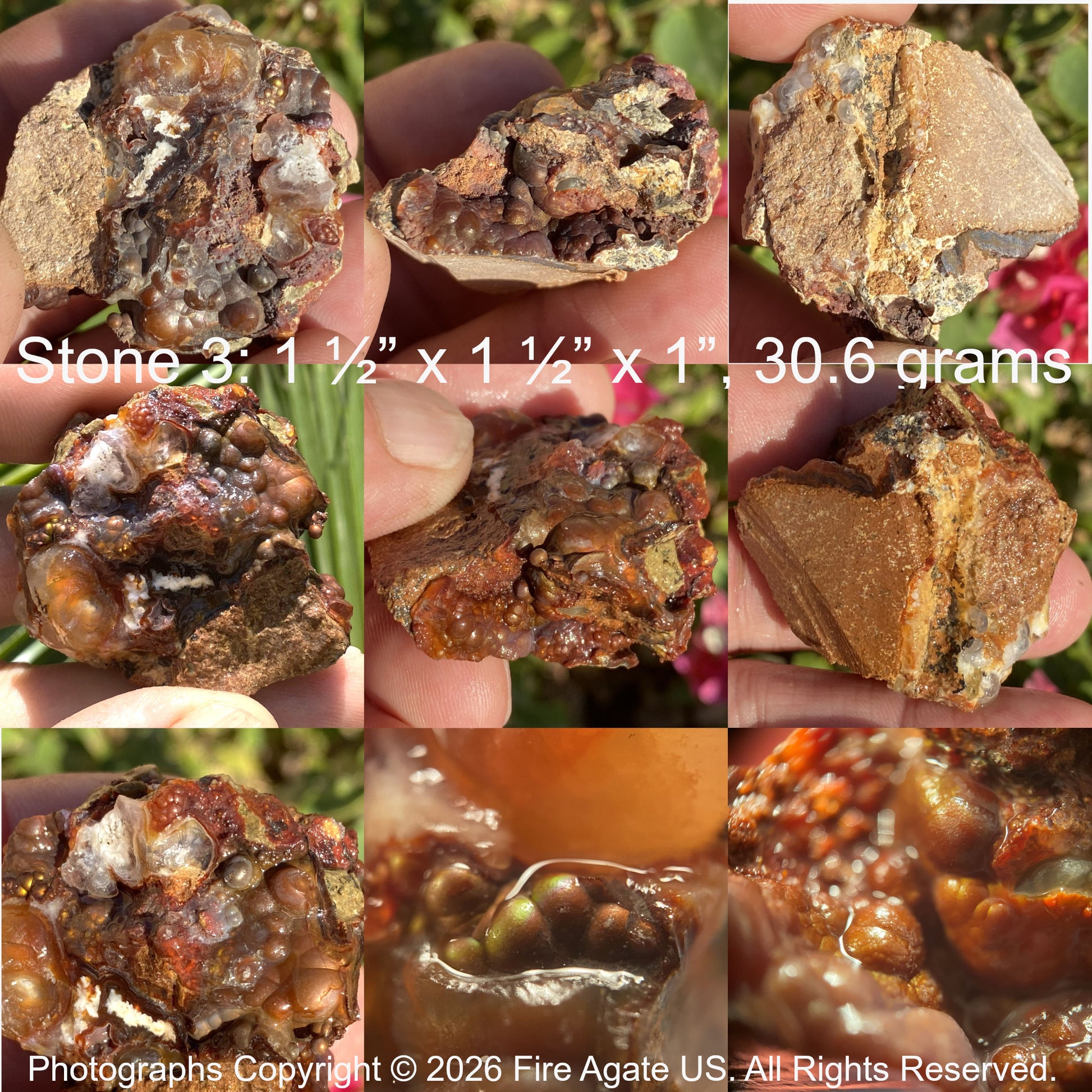 Collage of a piece of Deer Creek Fire Agate Rough with measurements and details.