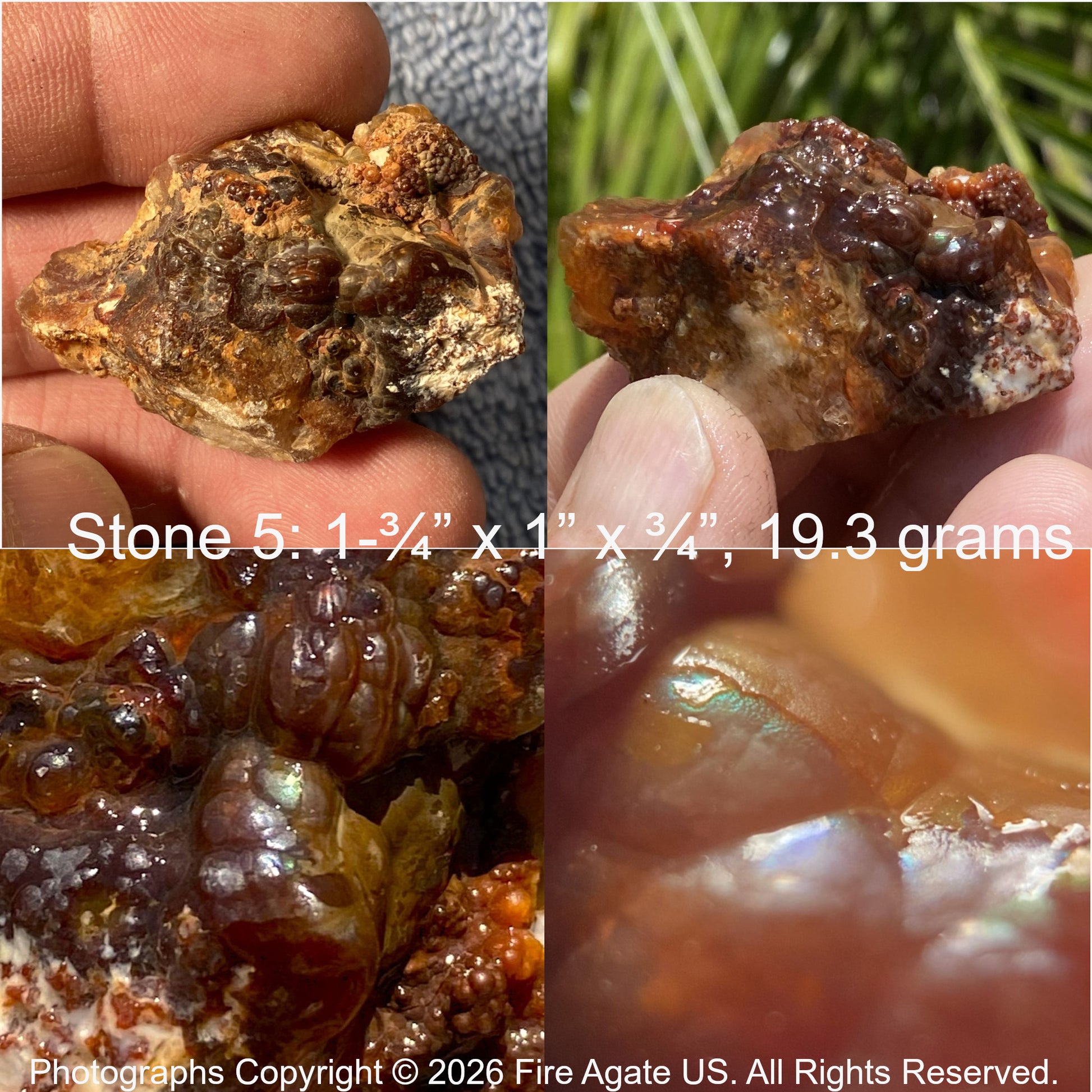 Close-up of a fire agate stone held in a hand with text providing dimensions and weight.
