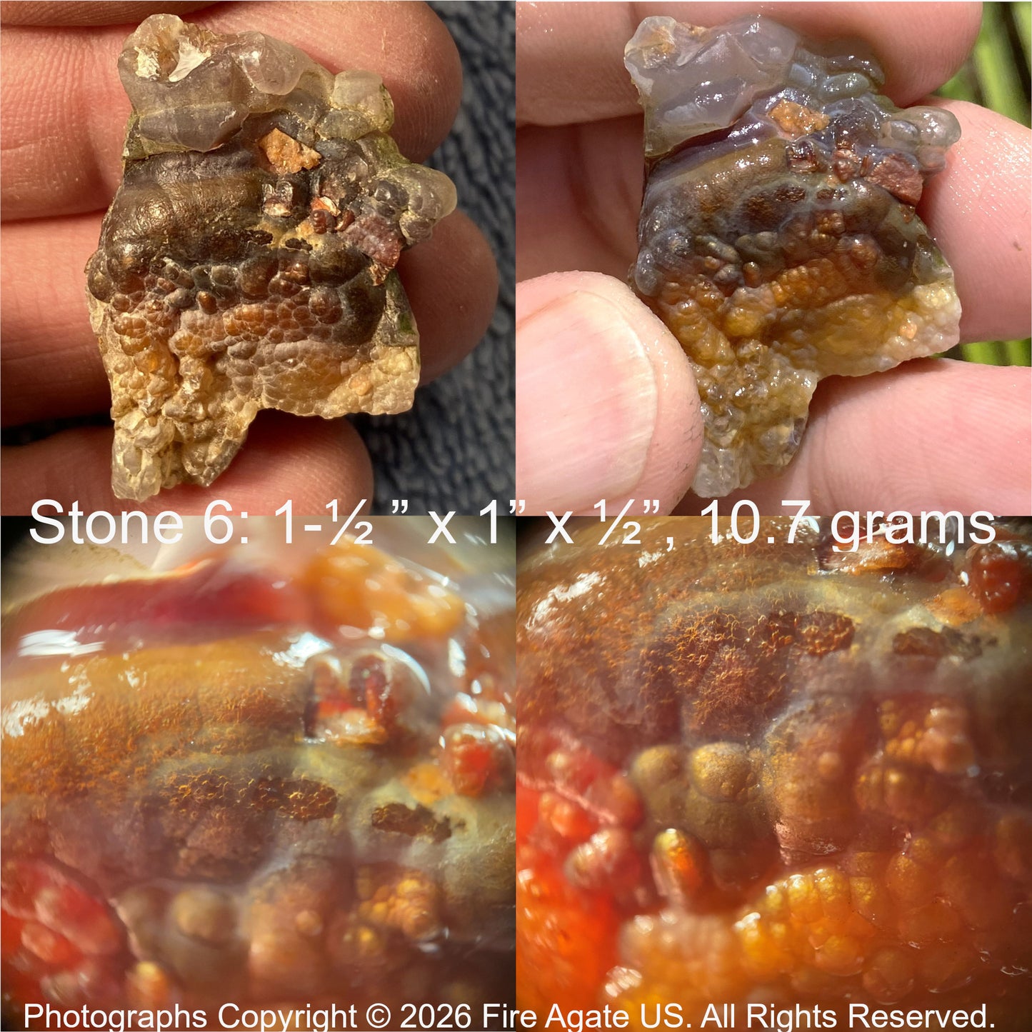 Close-up of a fire agate stone held in a hand, with measurements and copyright information.