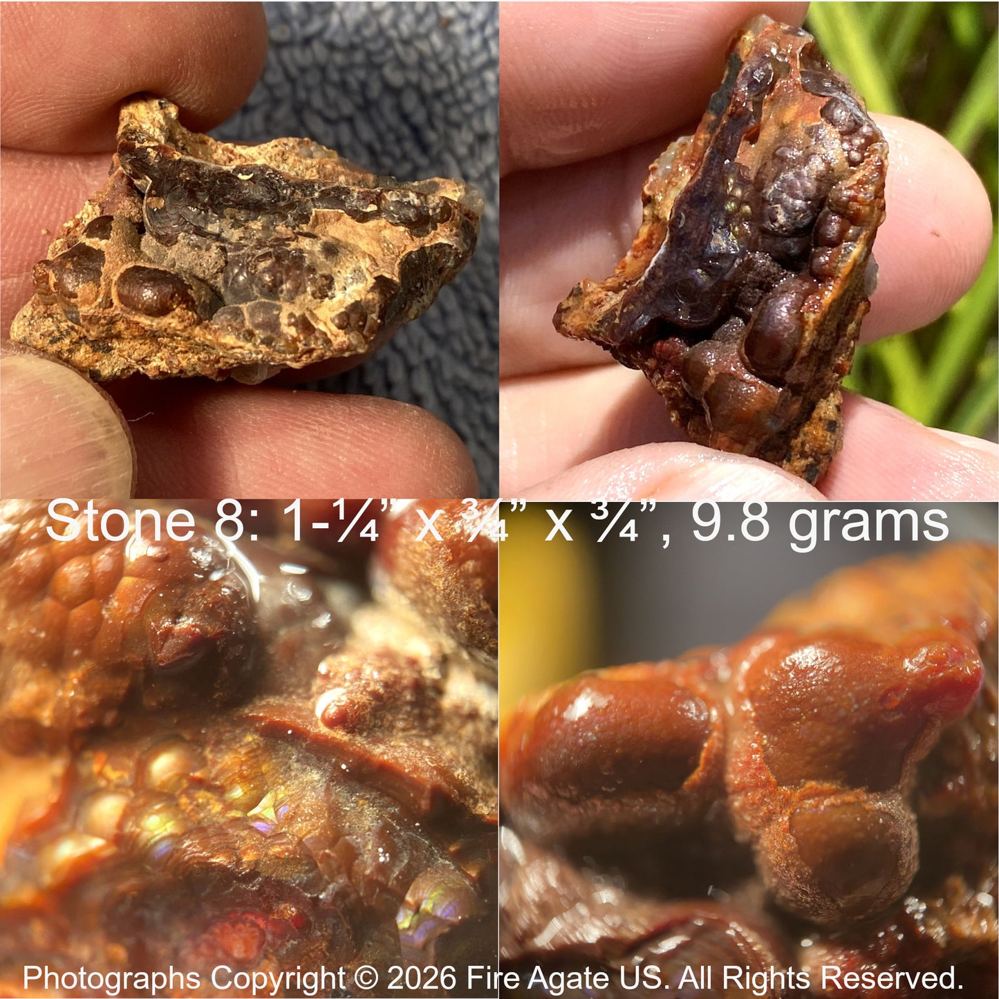 Close-up of fire agate gemstone rough with measurements and copyright information.