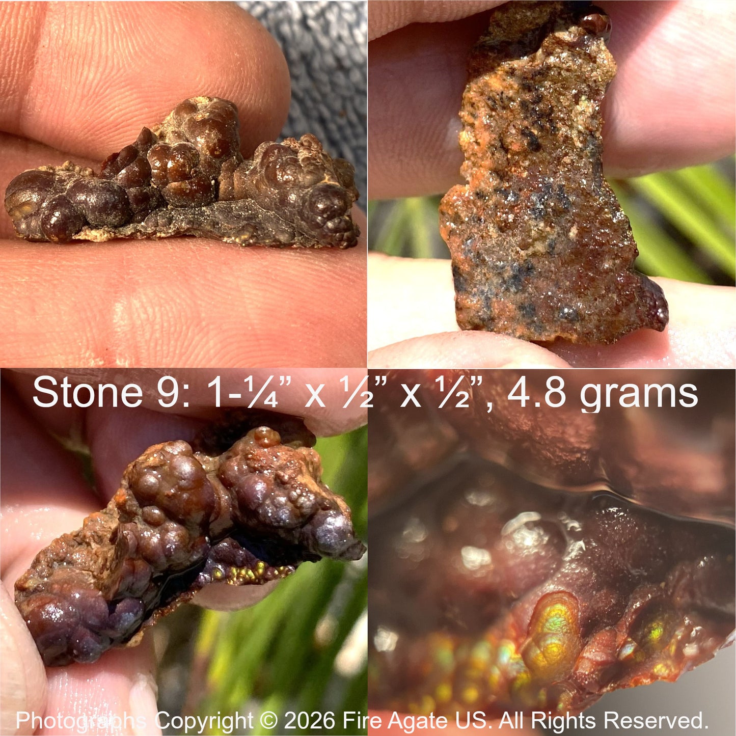 Close-up of a fire agate stone held in a hand with text indicating size and weight.