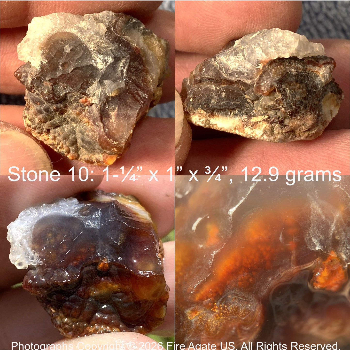 Close-up of a Fire Agate stone held between fingers, with measurements and weight displayed.