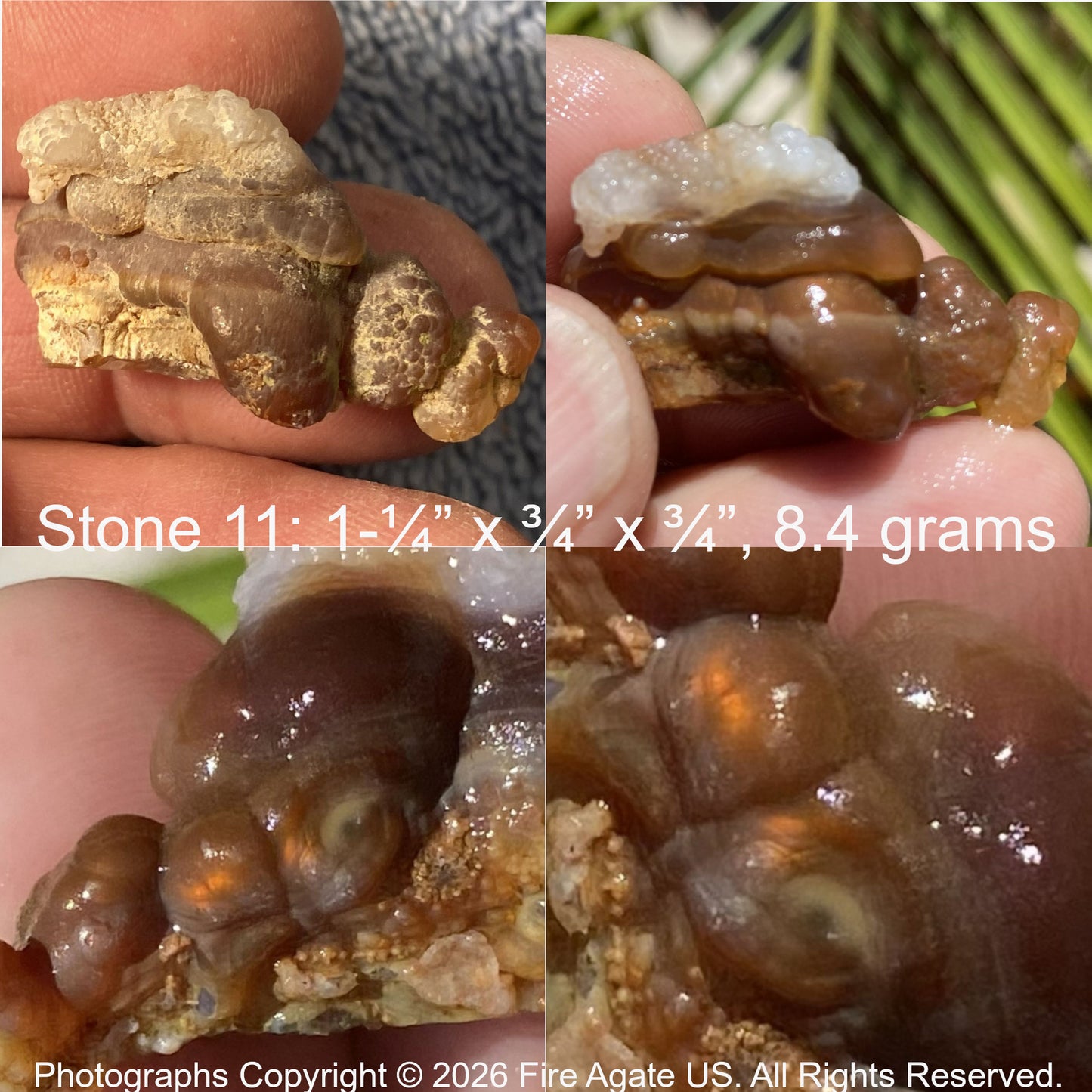 Collage of fire agate rough gemstone with measurements and copyright notice.