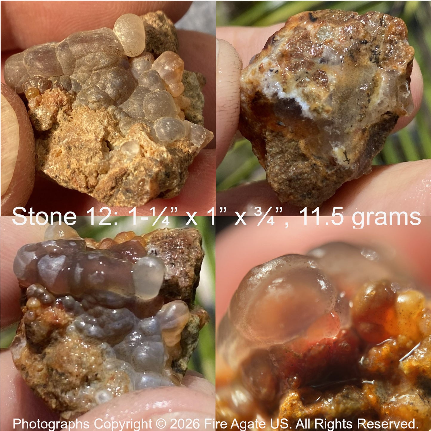 Collage of fire agate stone held in hands with measurements and copyright information.