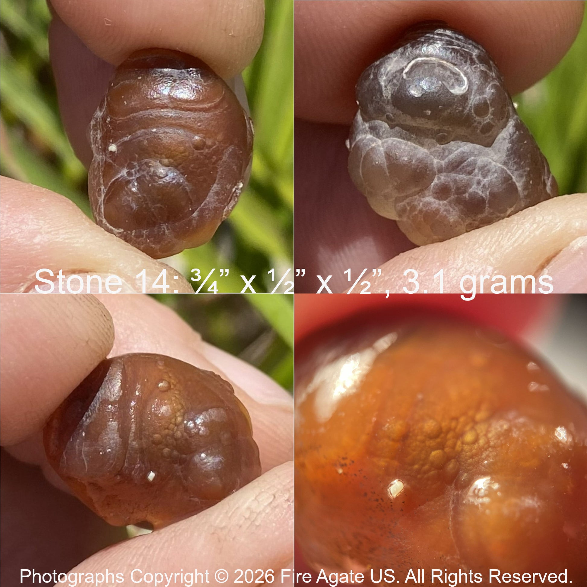 Close-up of a fire agate stone held between fingers with measurements and copyright information.