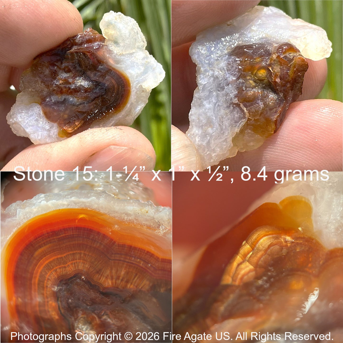 Close-up of a fire agate stone held in a hand with text indicating size and weight.