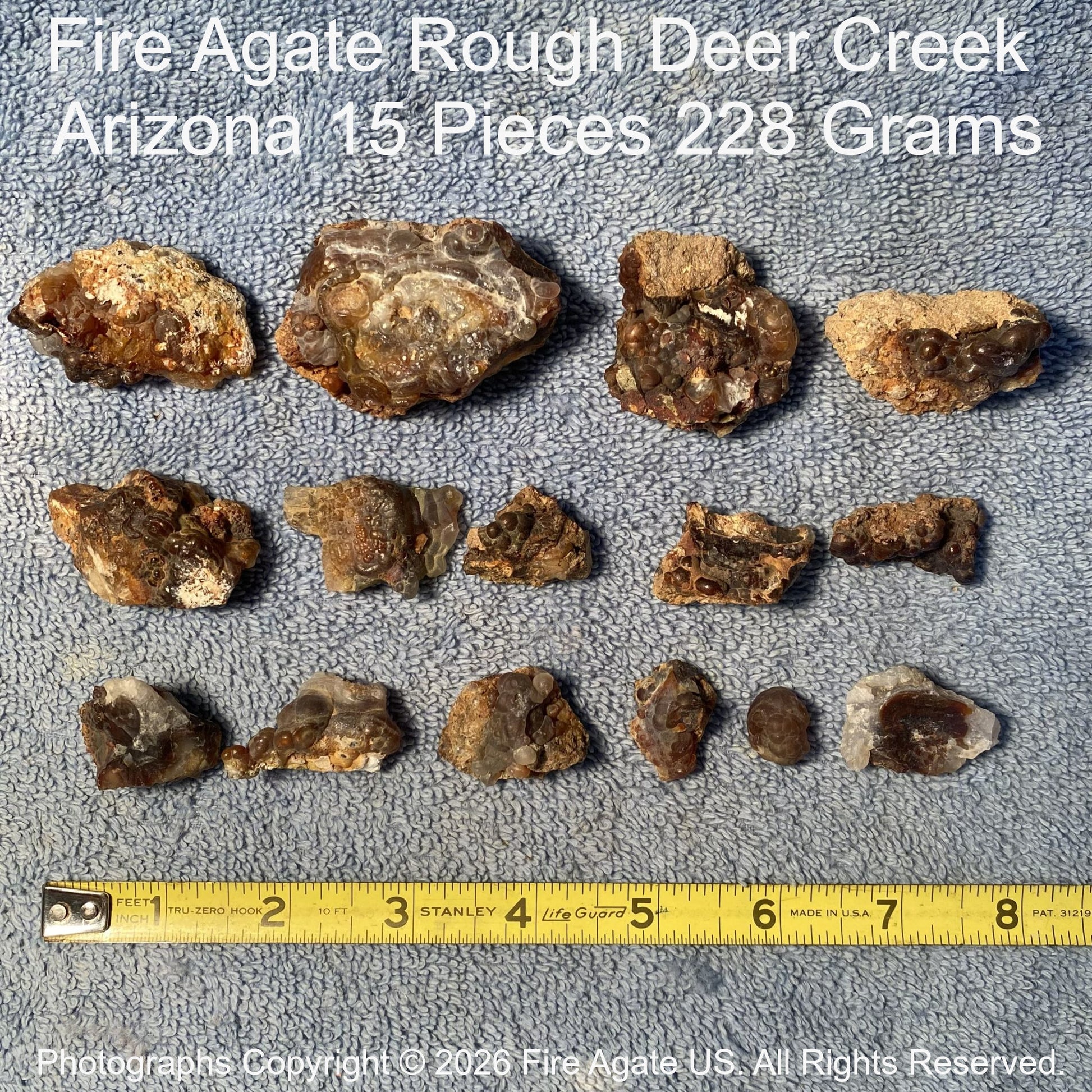 Collection of Fire Agate Rough from Deer Creek, Arizona with a measuring tape for scale.