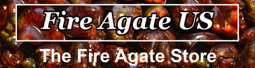 Promotional banner for 'Fire Agate US' with fire agate gemstones in the background