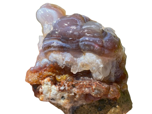 Deer Creek fire agate rough sample with layered colors on a white background