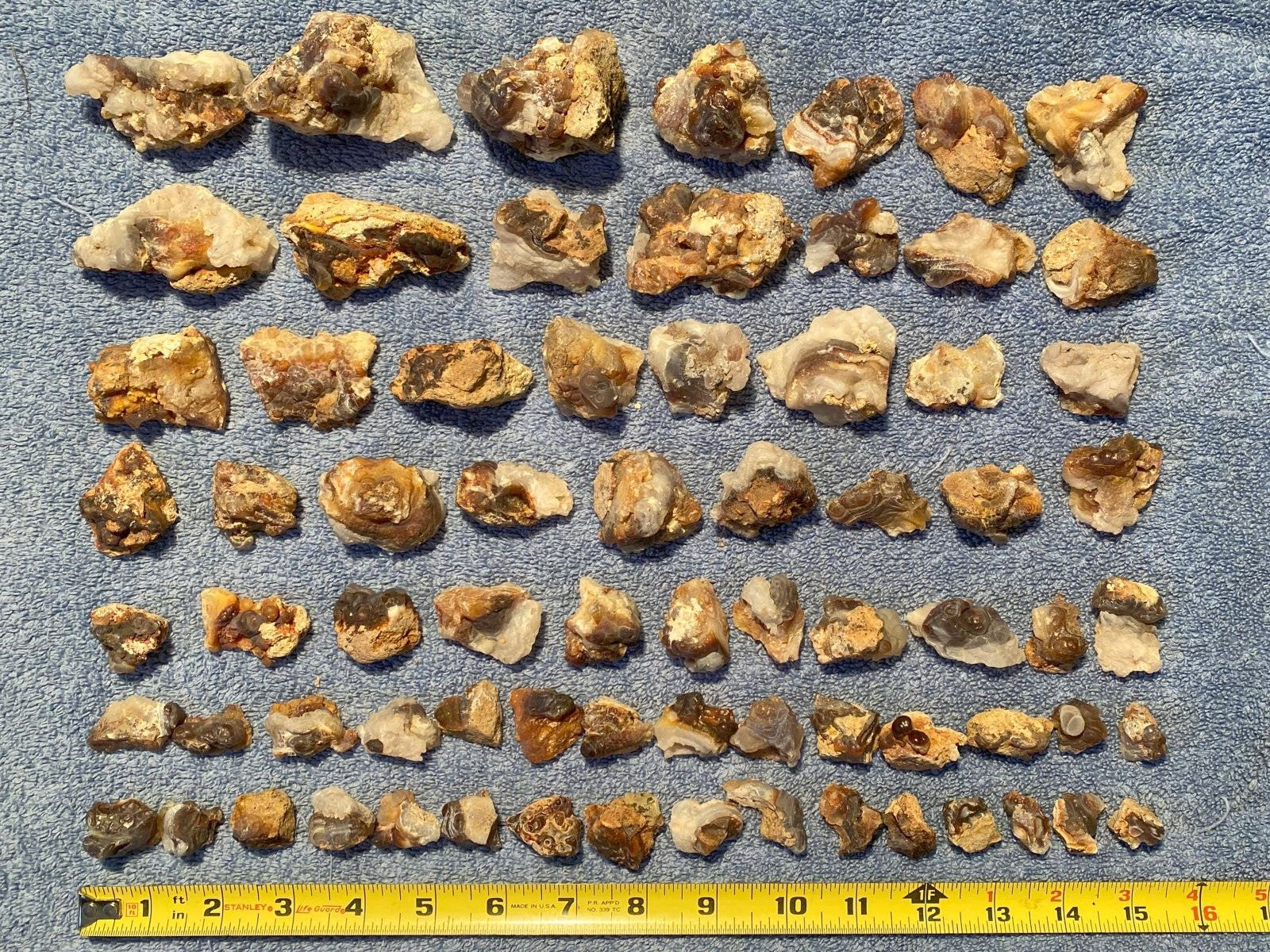 Collection of various sized rocks on a textured surface with a ruler for scale.