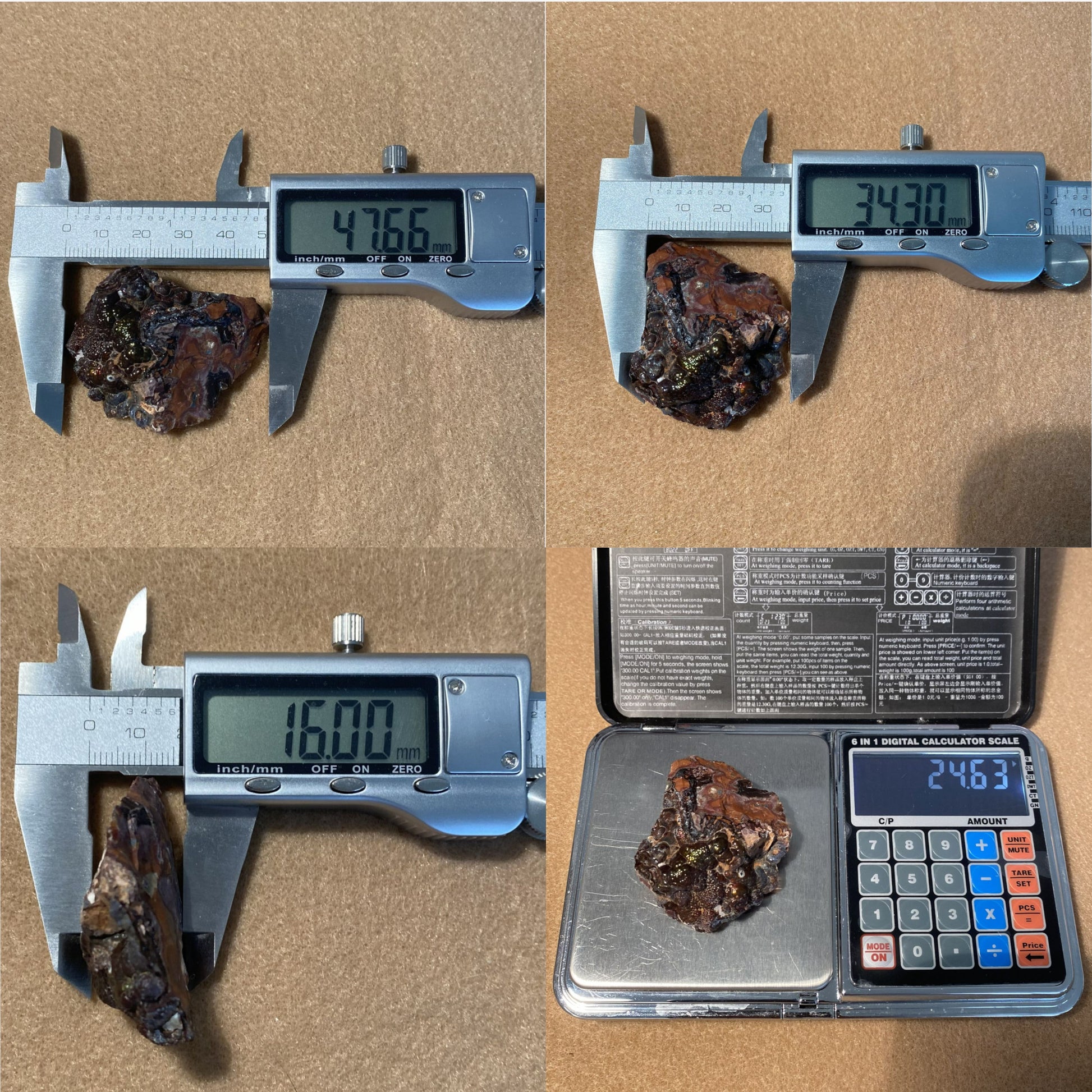 Collage of a dark brown stone being measured with calipers and a digital scale on a brown background.